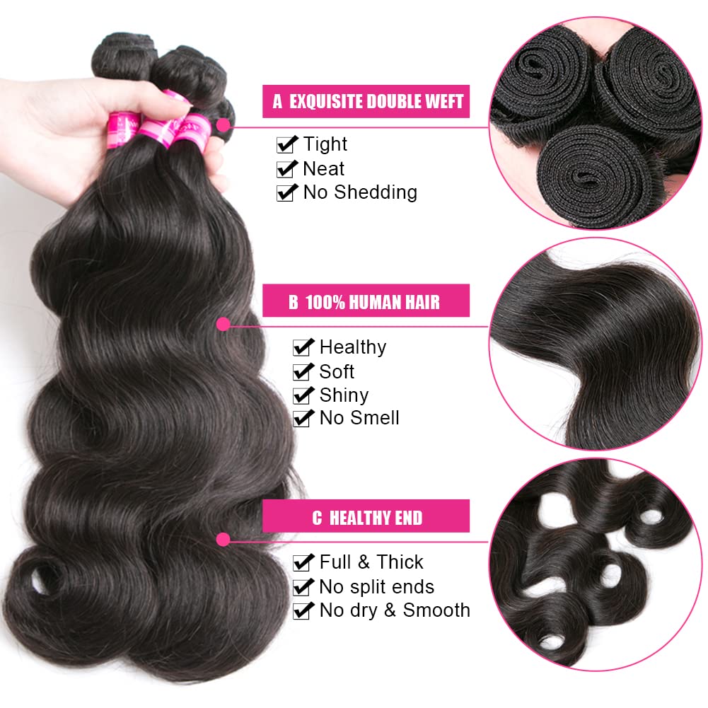 100% Unprocessed Brazilian Virgin Human Hair Bundles - 4 Pcs Body Wave Weave (22/24/26/28 Inch) 10A Grade Natural Black Hair Extensions for Women | Perfect for Styling, Volume Boost & Everyday Wear