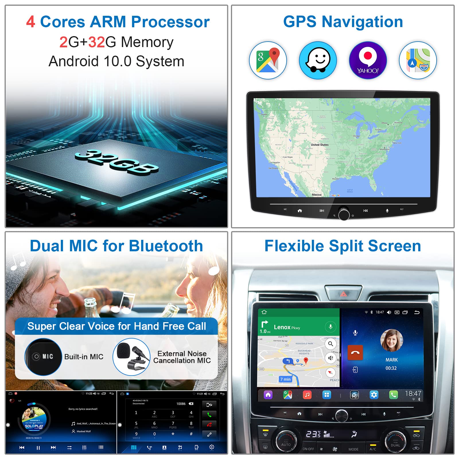 10 Inch Double Din Car Stereo with Wireless CarPlay & Android Auto - 2GB RAM 32GB ROM Detachable Touchscreen Android Head Unit - Bluetooth, AM/FM, GPS Navigation, WiFi, Backup Camera - Perfect for Road Trips & Daily Commuting