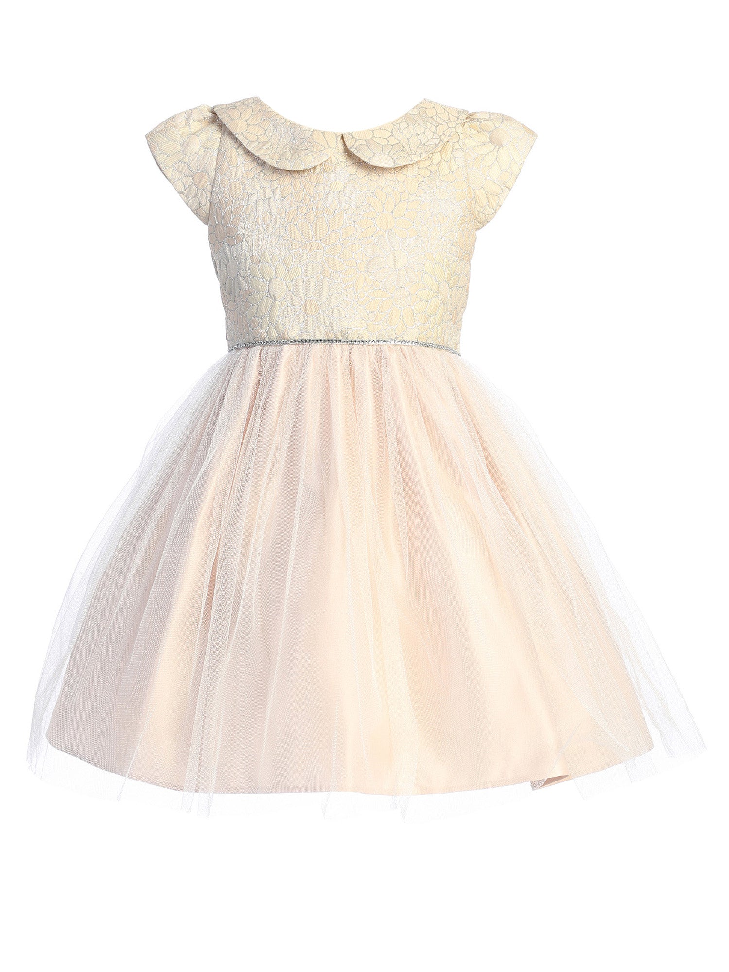 Big Girls Blush Daisy Jacquard Collar Tulle Junior Bridesmaid Dress Size 7-12 | Floral Lace Flower Girl Dress for Weddings, Parties & Special Occasions