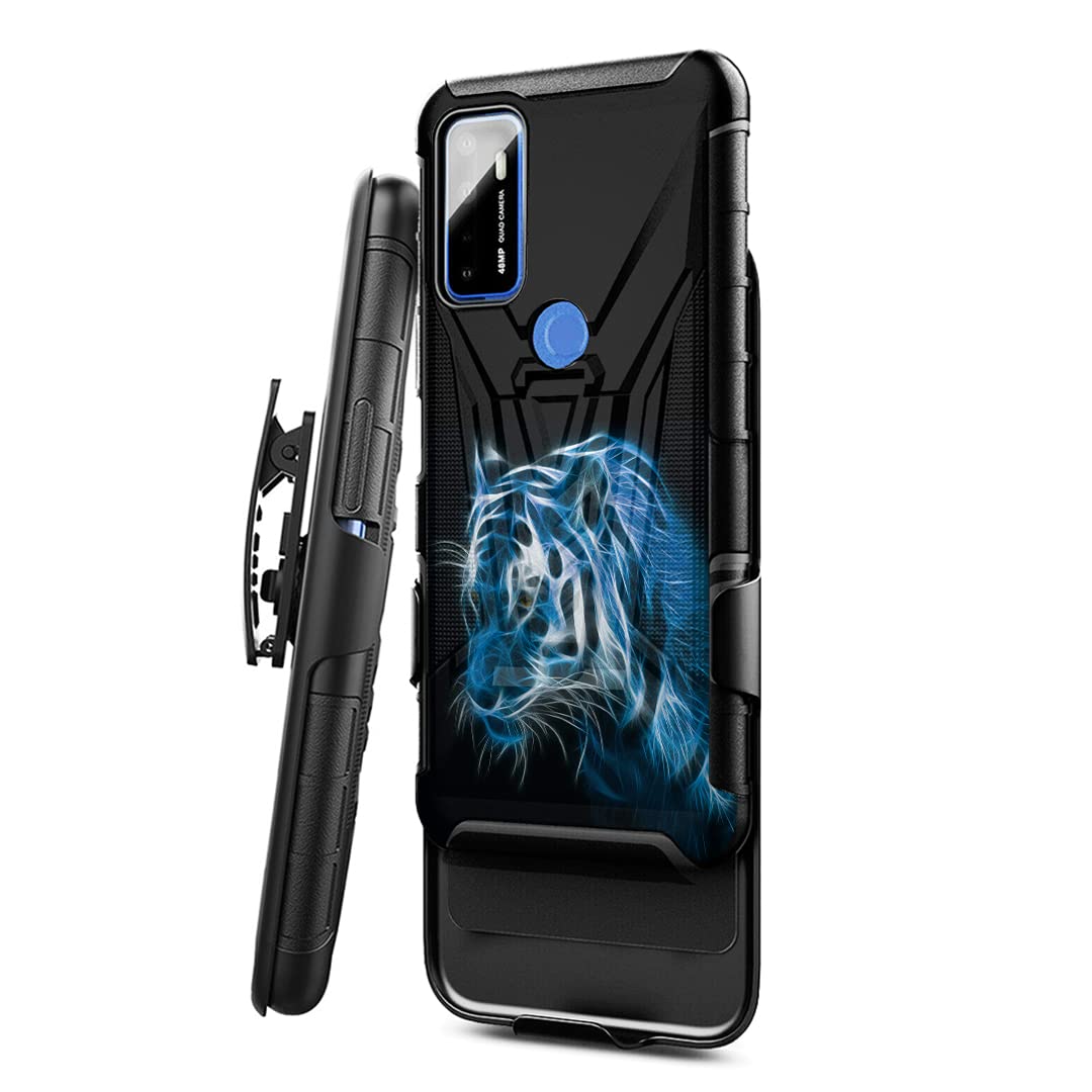 Military Shockproof Phone Case for Cricket Dream 5G & AT&T Radiant Max 5G - Heavy Duty Belt Clip Holster with Kickstand | Rugged Protective Cover for Work, Outdoor & Active Lifestyle (Blue Tiger)