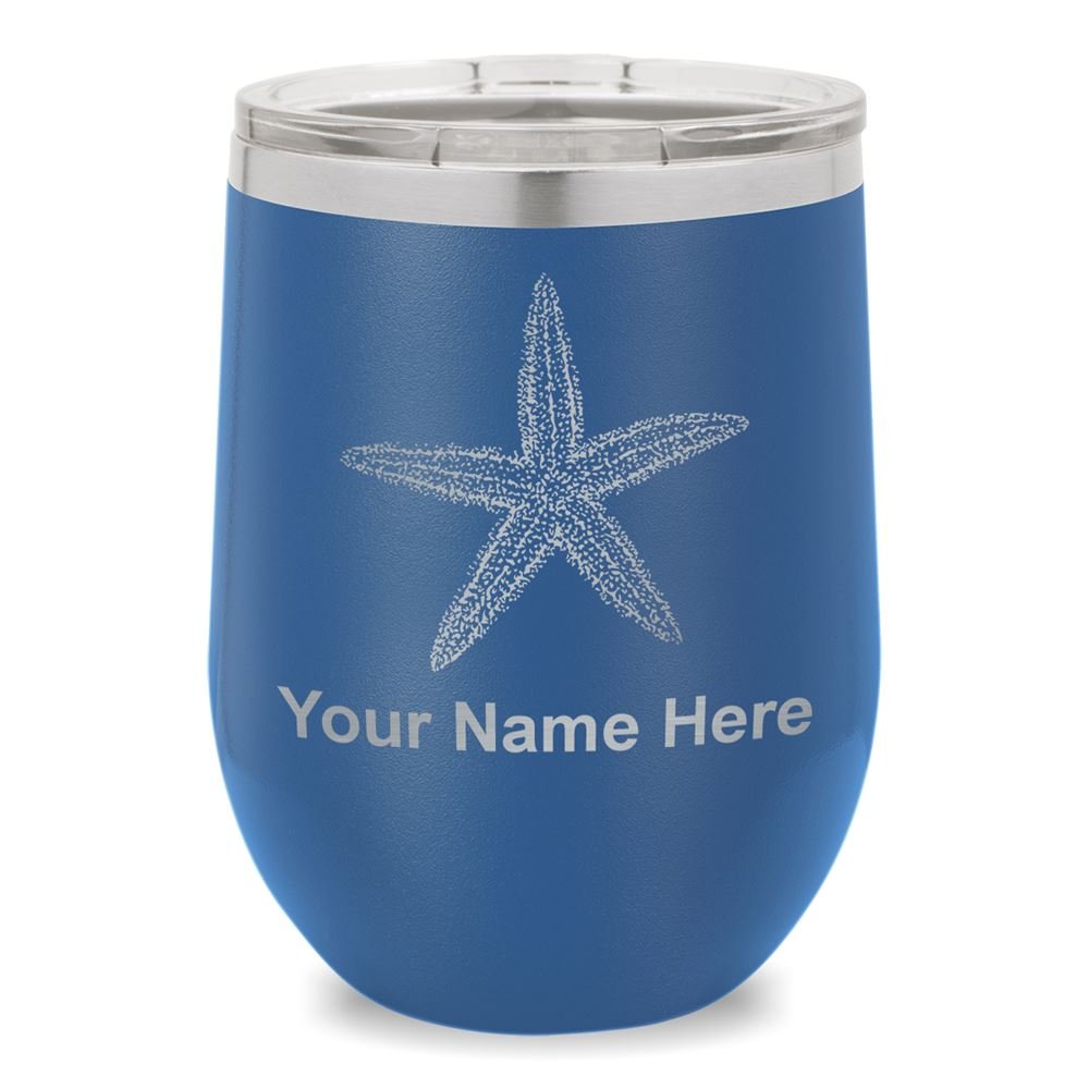 Personalized Starfish Engraved Wine Glass Tumbler - Dark Blue Customizable Drinking Cup for Beach Weddings, Summer Parties & Coastal Home Decor
