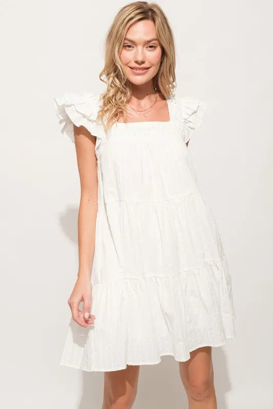 Elegant White Pleated Ruffled Sleeve Tiered Resort Dress for Women - Perfect for Beach Vacations, Summer Weddings & Tropical Getaways
