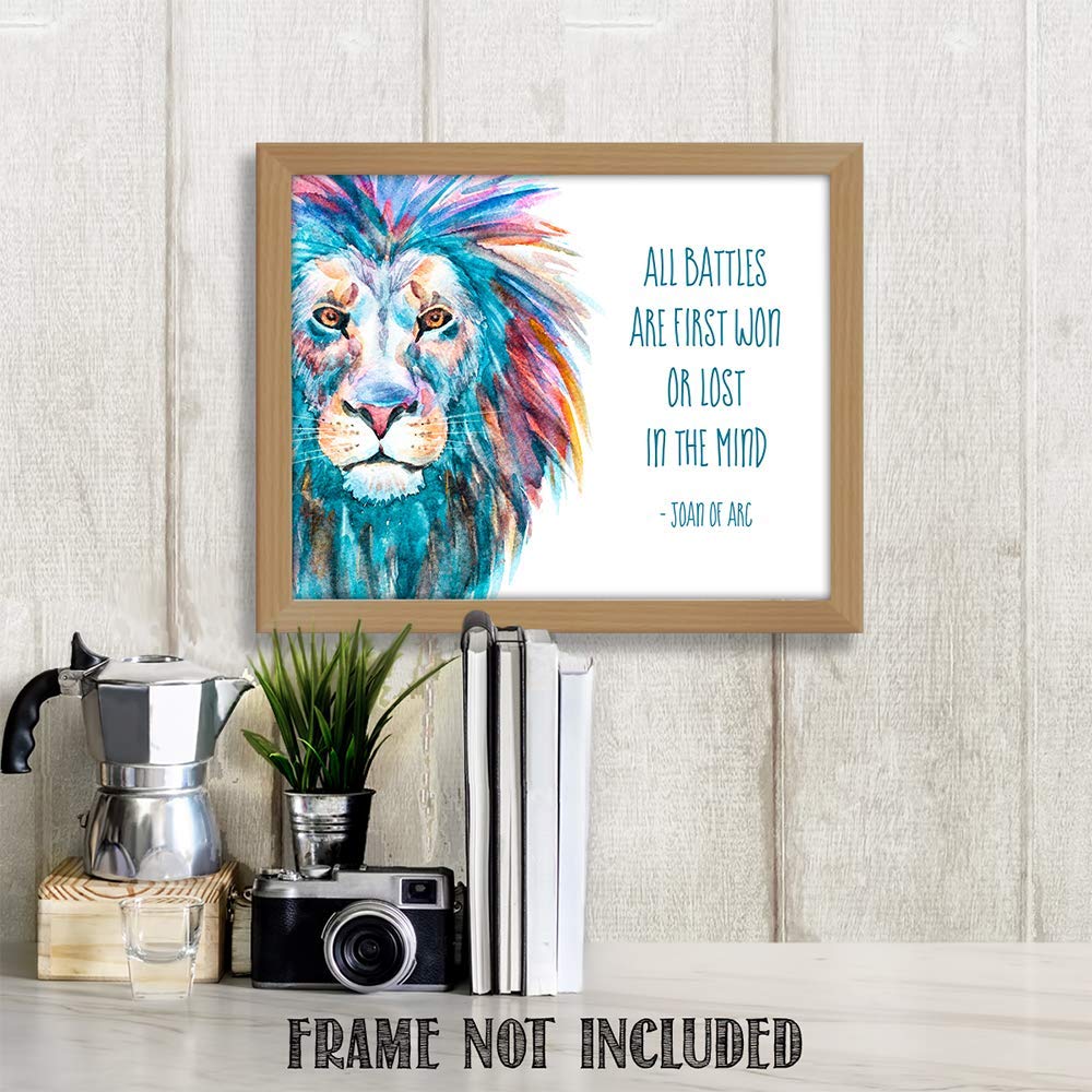 TJ Originals - 'All Battles Are First Won or Lost in the Mind' Joan of Arc Christian Bible Quote Wall Art Print - 11x14 Inspirational Scripture Decor for Home, Office & Church - Motivational Gift for Family & Friends (Brave Lion Design)