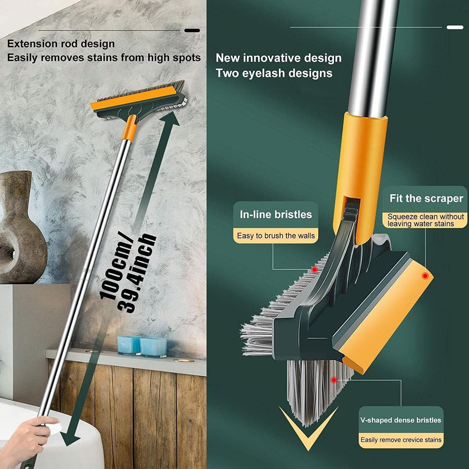 FIGMENT 3-in-1 Bathroom Cleaning Brush with Wiper - Long Handle 180° Rotating Toilet Brush for Bathroom Tiles & Floor Scrubber - Multicolor - Perfect for Shower, Bathtub, Sink & Tile Cleaning