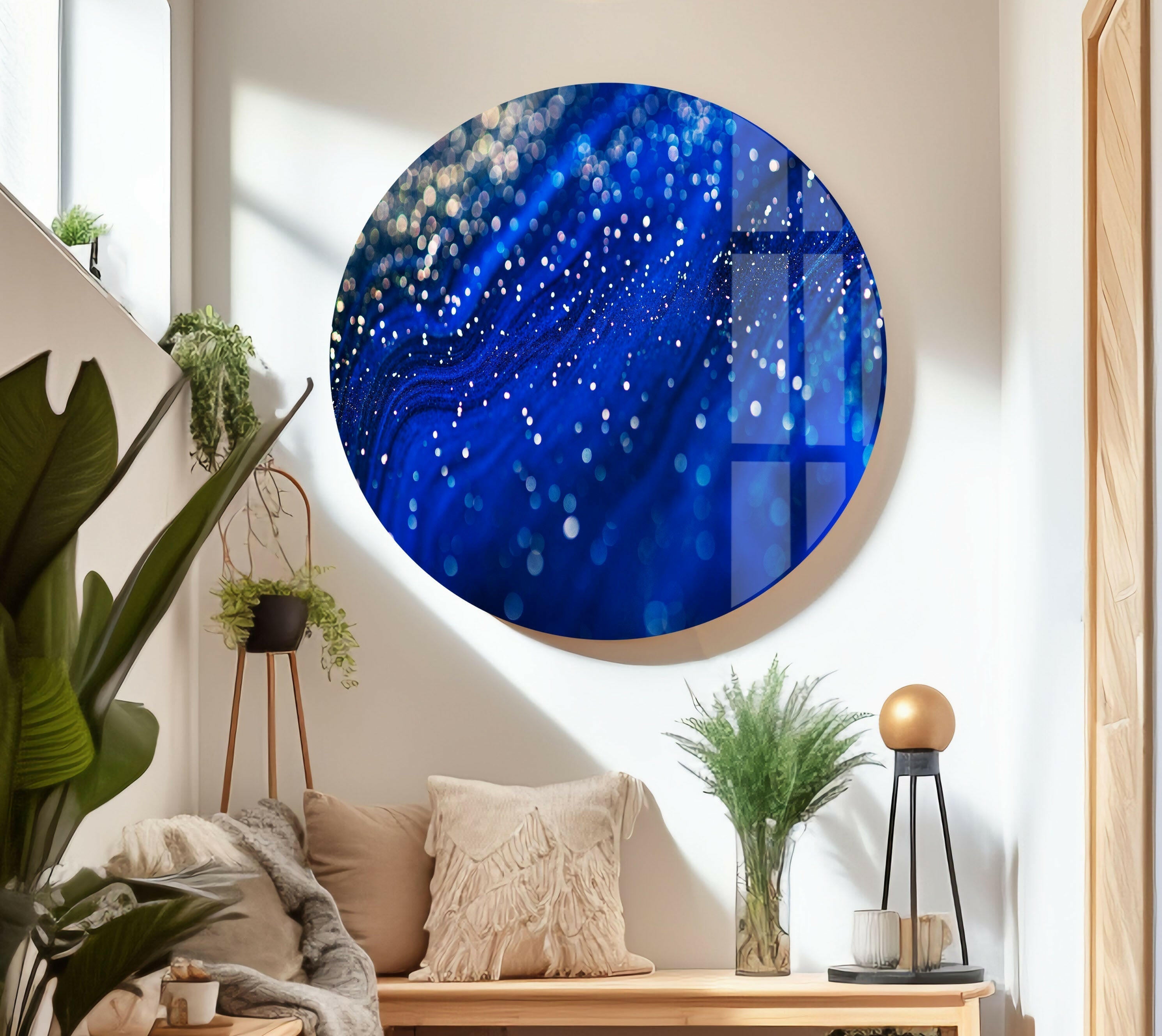 Blue Shiny Abstract Glass Wall Art - Modern Home Decor for Living Room, Bedroom & Office - Handmade Glass Painting for Unique Interior Design