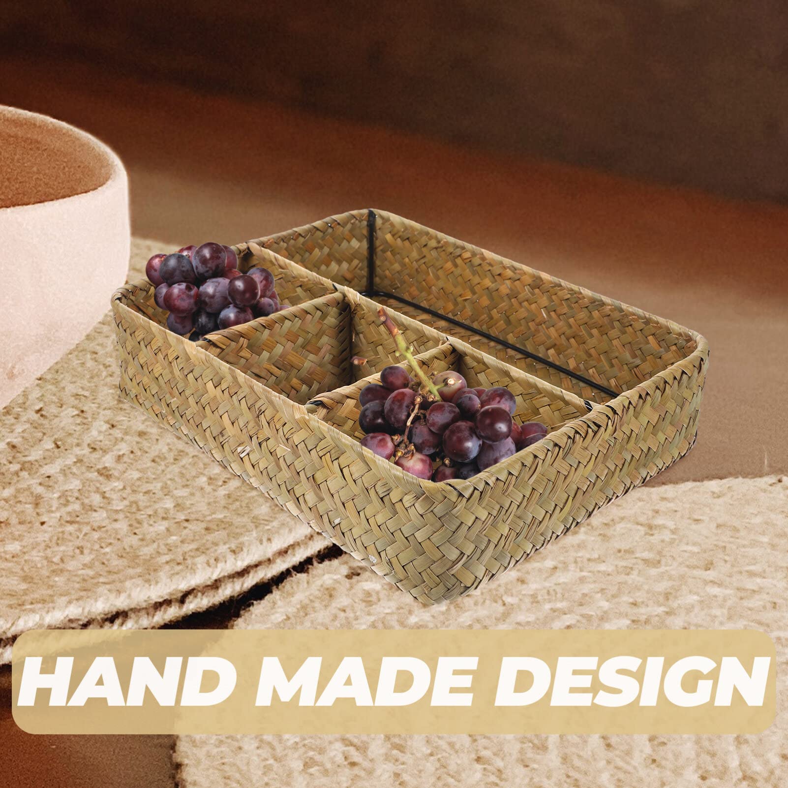 HEMOTON Seagrass Storage Basket - Natural Desktop Organizer for Snacks, Toys, Sugar Packets & Fruits | Eco-Friendly Home Decor & Kitchen Storage Solution | Perfect for Living Room, Office or Nursery Organization