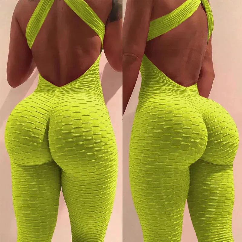 Sexy Backless Jumpsuits for Women - Solid Color Push Up Yoga Outfits, Elastic Seamless Jacquard Bubble Gym Wear | Perfect for Yoga, Workouts & Fitness Training