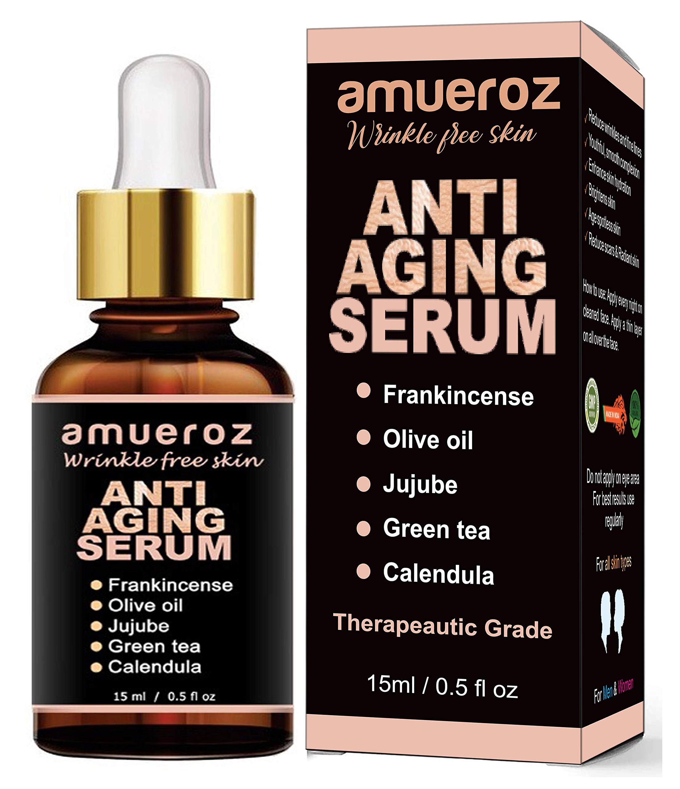Amueroz 24K Gold Anti-Aging Serum – Deep Wrinkle Repair & Skin Brightening with Gotu Kola, Calendula, Jujube & Green Tea Extract – Reduces Acne & Fine Lines – 15ml – Perfect for Nighttime Skincare Routine & Daily Hydration