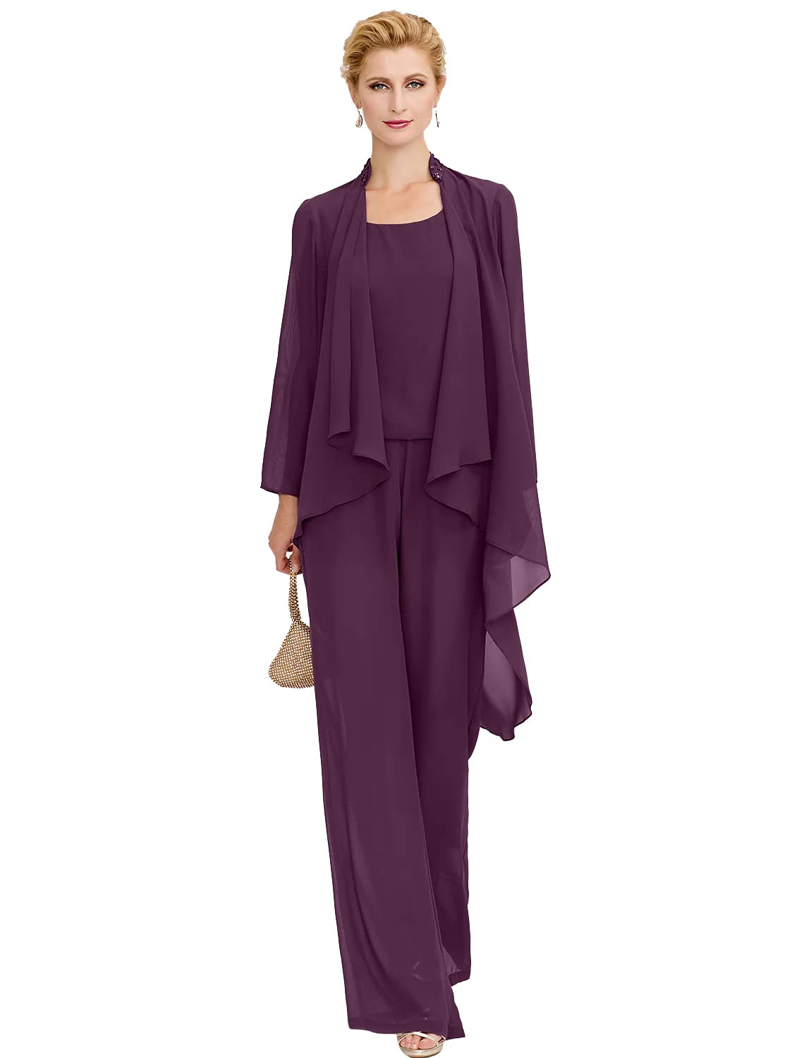 Elegant Women's Chiffon Mother of The Bride Dress Pant Suit 3-Piece Beaded Wedding Outfit Formal Gown with Jacket - Perfect for Weddings, Receptions & Special Occasions