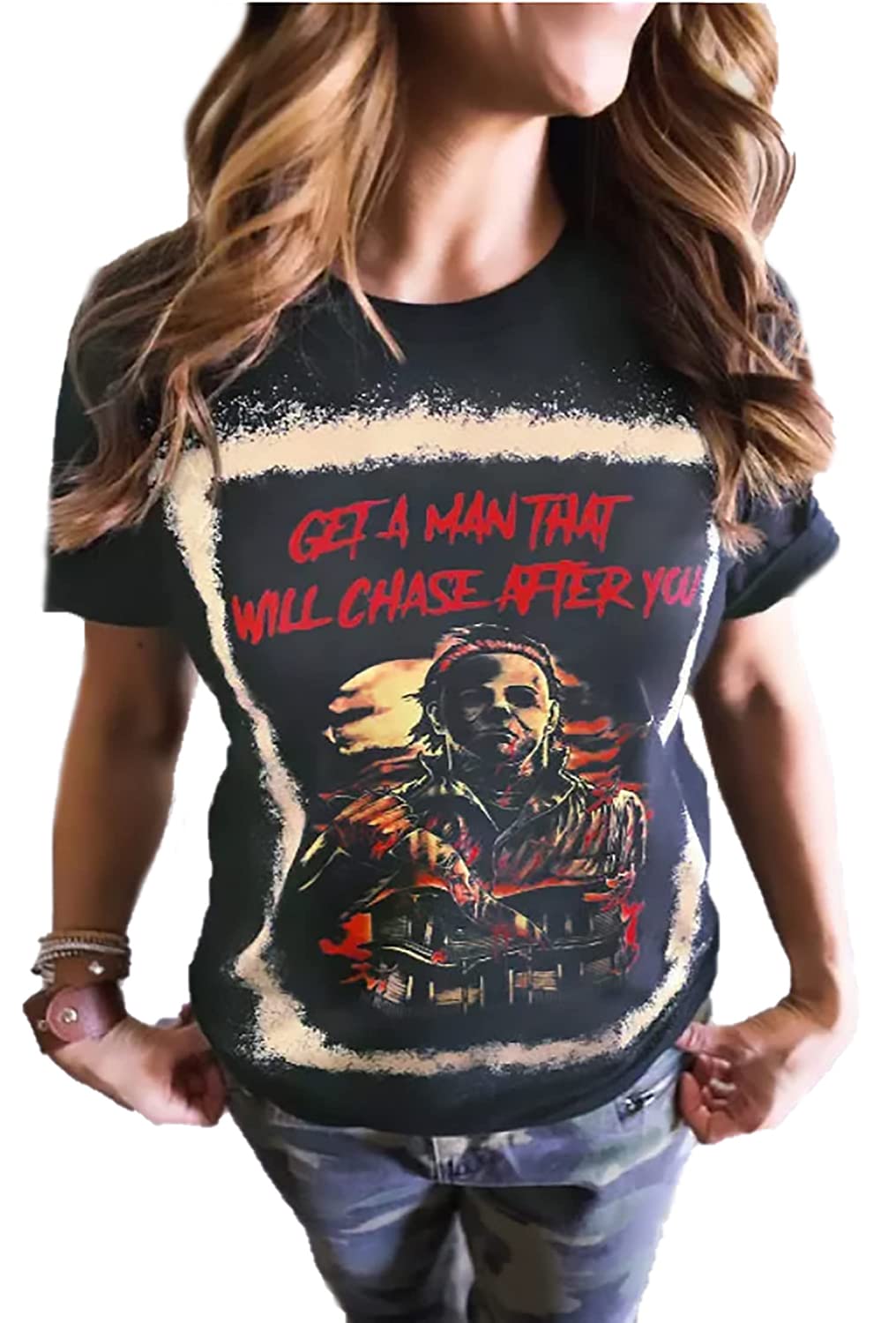 Horror Movies Bleached T-Shirt for Women - Funny Letter Print Halloween Party Shirt - Michael Myers Novelty Graphic Tee - Perfect for Halloween Costumes, Horror Movie Nights & Themed Parties