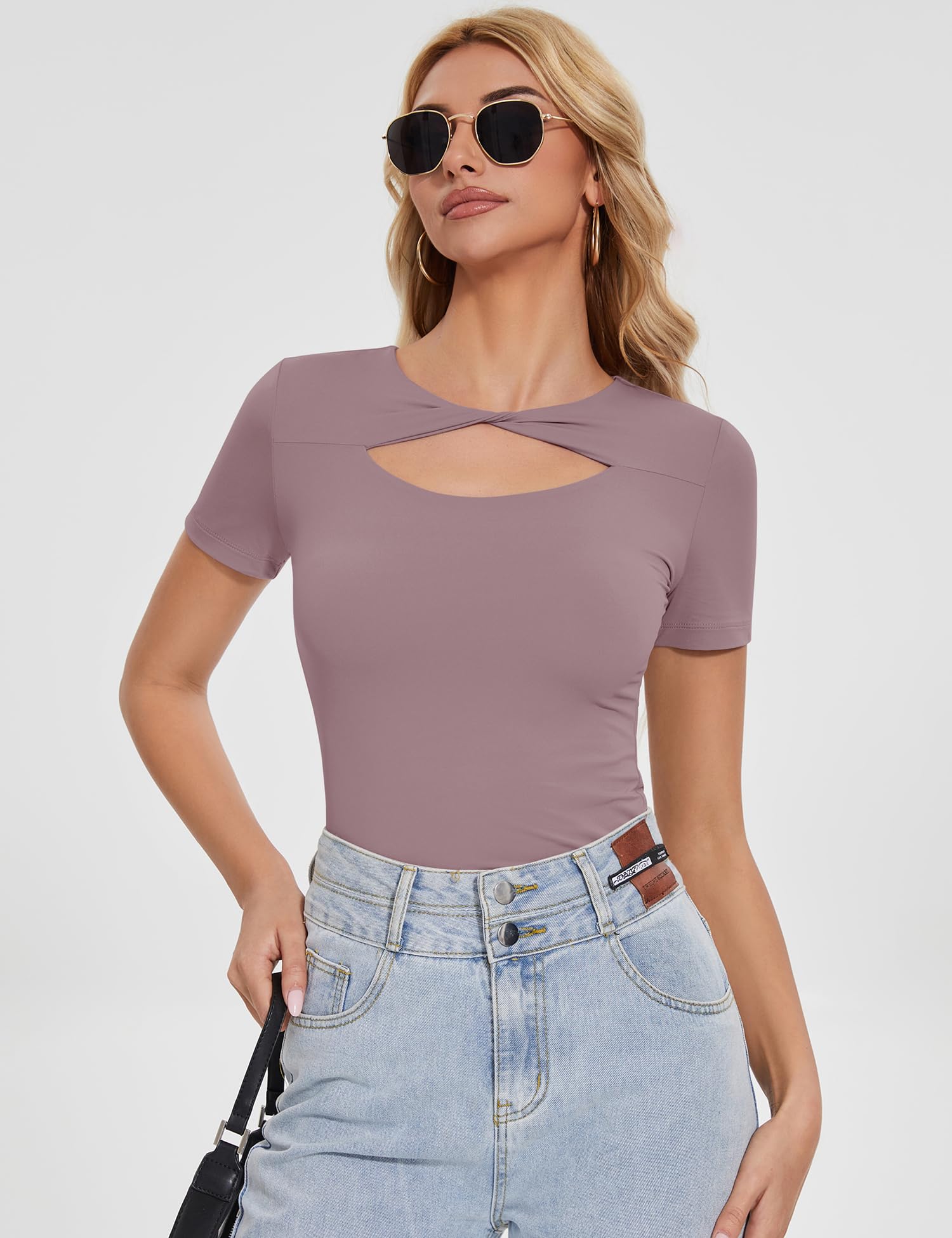 Micoson Women's Crew Neck Cutout Short Sleeve Shirts - Double Lined Knot Front Fitted Tops for Casual Outings, Date Nights & Summer Fashion | Trendy Tight Fit Going Out Shirts