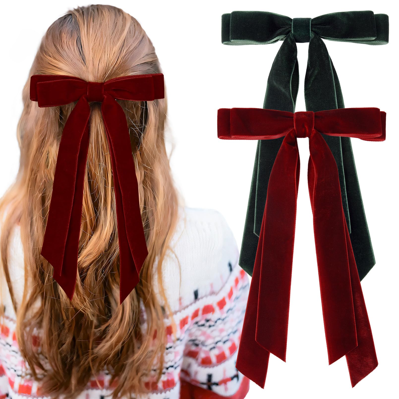 2PCS Velvet Hair Bows - Wine Red & Green Ribbon Hair Clips with Metal Slides | Ponytail Holder for Women, Girls, Toddlers, Teens & Kids | Perfect for Parties, Weddings & Daily Hair Accessories