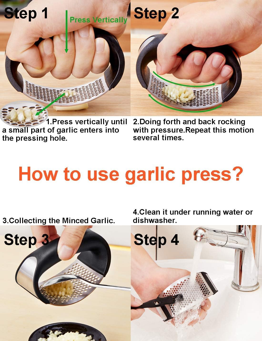 Premium Stainless Steel Garlic Press & Mincer with Peeler & Cleaning Brush - Heavy Duty Garlic Chopper, Grinder, Slicer for Fresh Cloves - Perfect for Cooking, Baking & Meal Prep (Black)