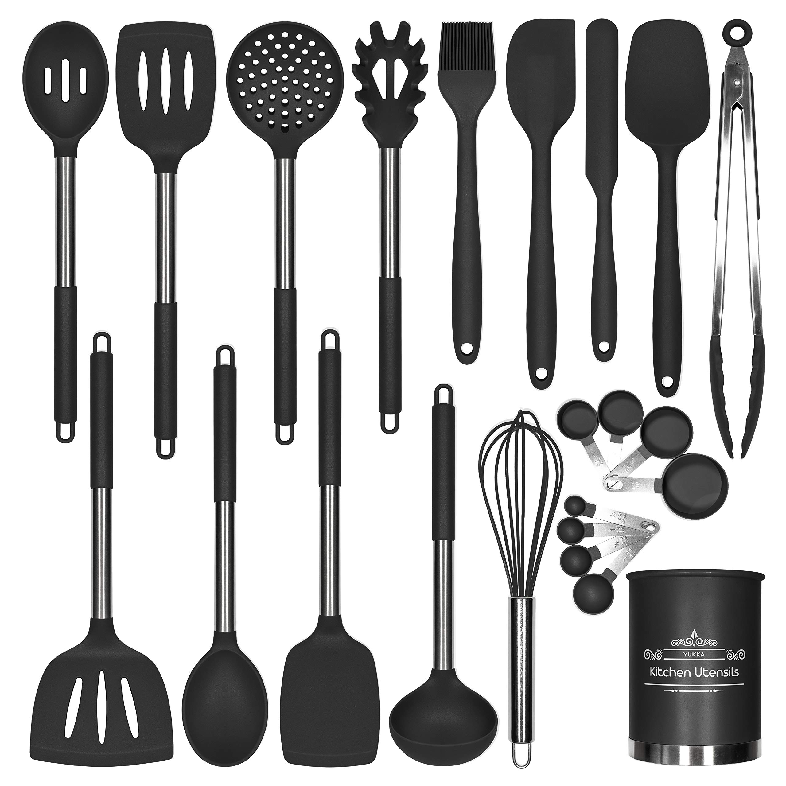 YUKKA 23-Piece Silicone Cooking Utensils Set with Stainless Steel Handles - Non-Stick, BPA-Free, Scratch-Resistant Black Kitchen Tools for Baking, Frying & Cooking - Perfect Gift for Home Chefs