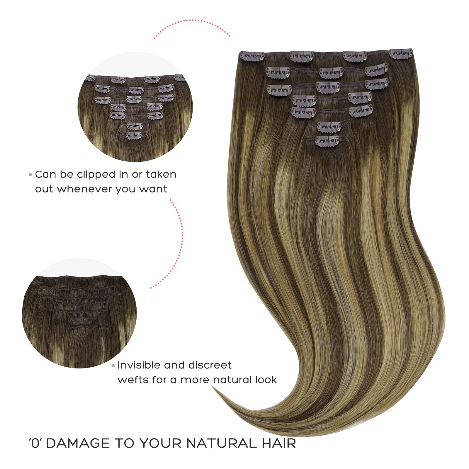 Marat Clip in Human Hair Extensions 18 Inch 120g - Balayage Chocolate Brown to Caramel Blonde Straight Hair Weft for Women | Perfect for Parties, Weddings & Daily Styling