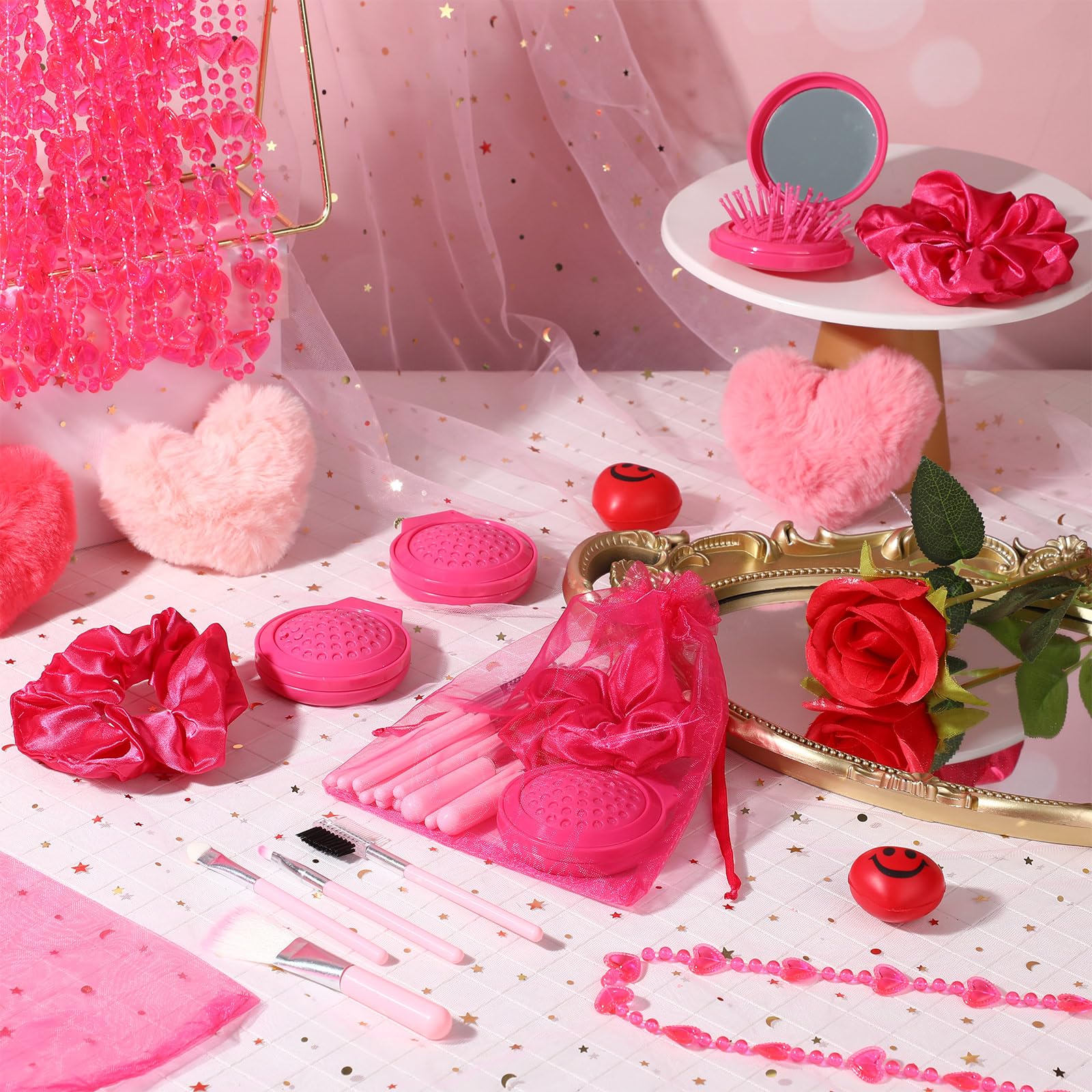 Pink Girls Party Favors Set - 48 Pcs Makeup Kit with Gauze Bags, Hair Scrunchies, Foldable Mirror & Brushes - Perfect for Birthday Parties, Sleepovers, Dress-Up Play and Gift Bags