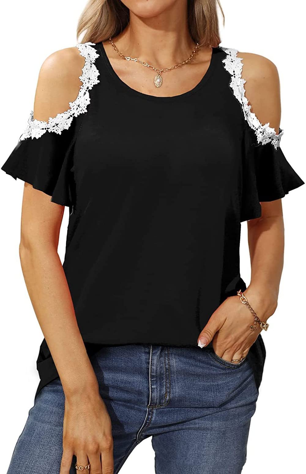 Elegant Women's Cold Shoulder Lace Crochet Short Sleeve Blouse - Crewneck Peplum Tunic Top for Casual & Dressy Occasions | Perfect for Summer Outings, Date Nights & Office Wear