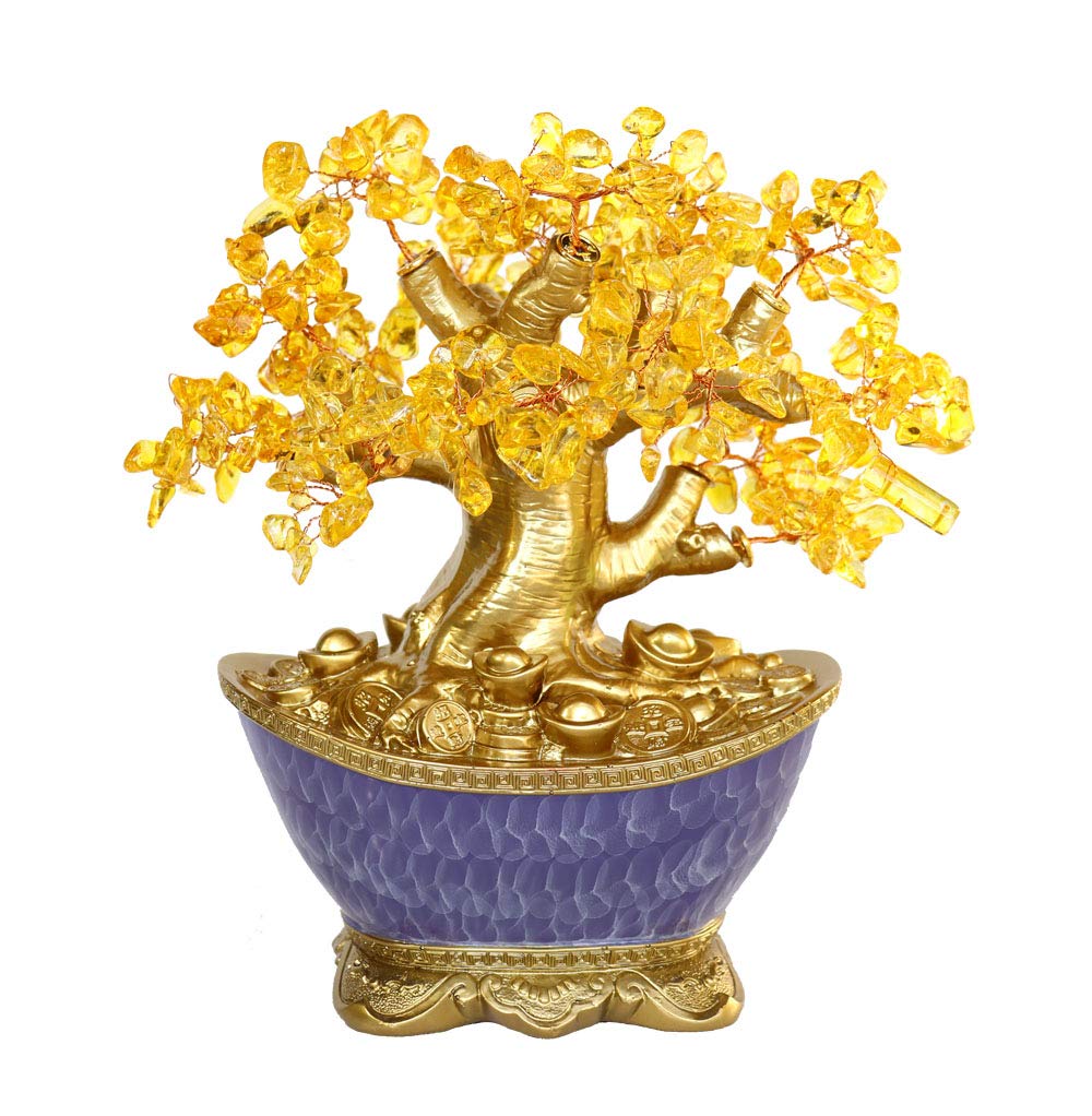 Feng Shui Citrine Money Tree in Purple Pot - Attract Wealth & Prosperity - Perfect for Home, Office & Gift Giving