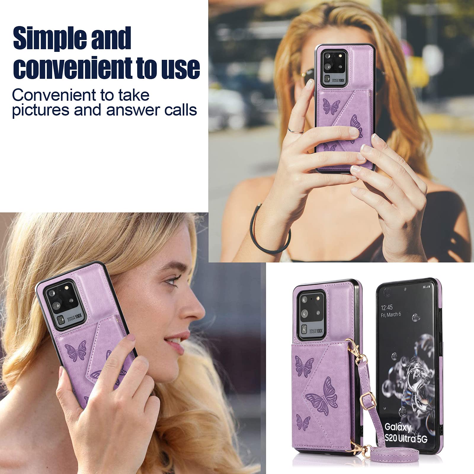 **Galaxy S20 Ultra 5G Wallet Case with Card Slots & Stand – Shockproof Protective Cover, Embossed Butterfly Design (Purple) – Perfect for Daily Use, Travel & Hands-Free Viewing**