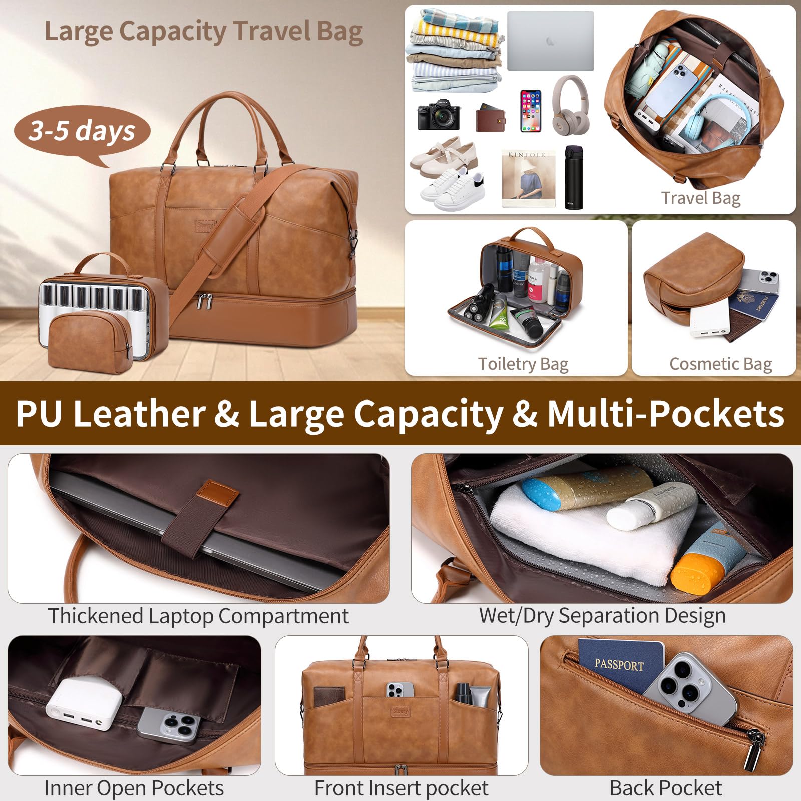 Women's Faux Leather Weekender Bag - Large Travel Duffel Carry On with Shoe & Laptop Compartment - Perfect for Overnight Trips, Airplane Travel, Gym & Weekend Getaways (Brown)