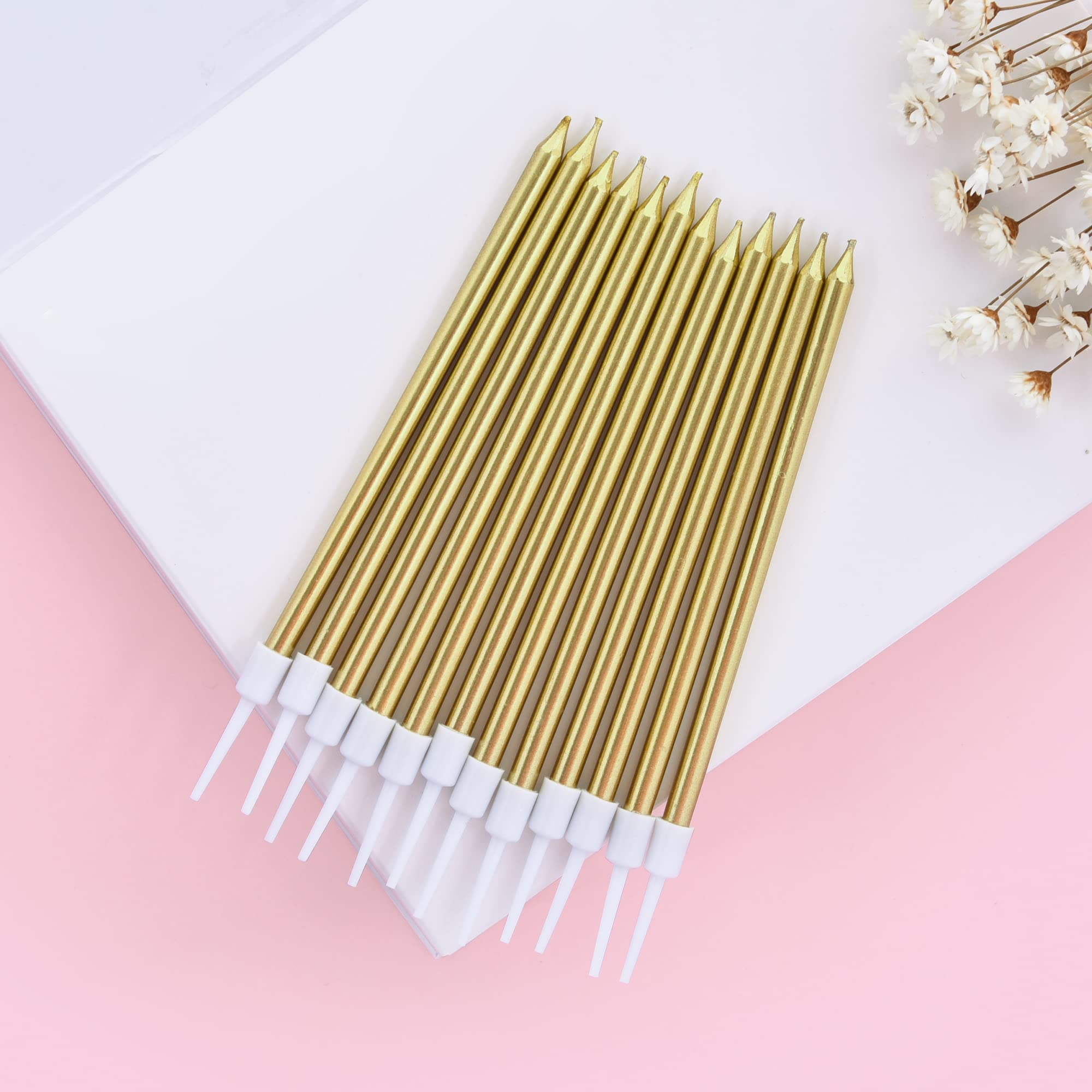 Bella Meri Gold Long Thin Metallic Birthday Candles - Elegant Cake Candles for Birthday Parties, Wedding Decorations & Special Events - Perfect for Cakes, Cupcakes & Dessert Tables