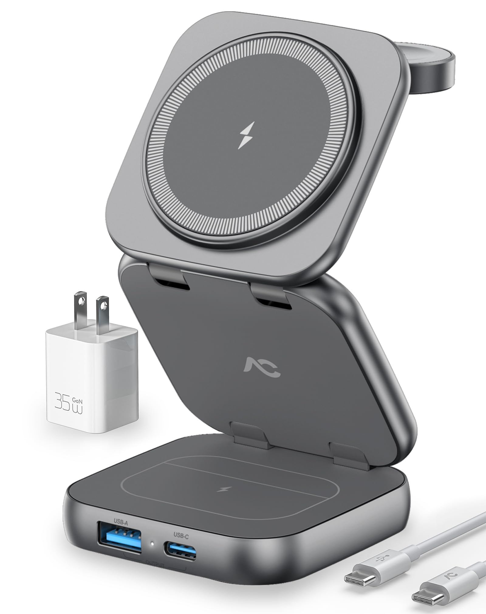5-in-1 Magnetic Wireless Charging Station for iPhone 16/15/14/13 Series - 15W Fast Charging Foldable Stand with AC Island Design - Compatible with Apple Watch & AirPods (Includes 35W Adapter) - Perfect for Home, Office & Travel Charging Needs