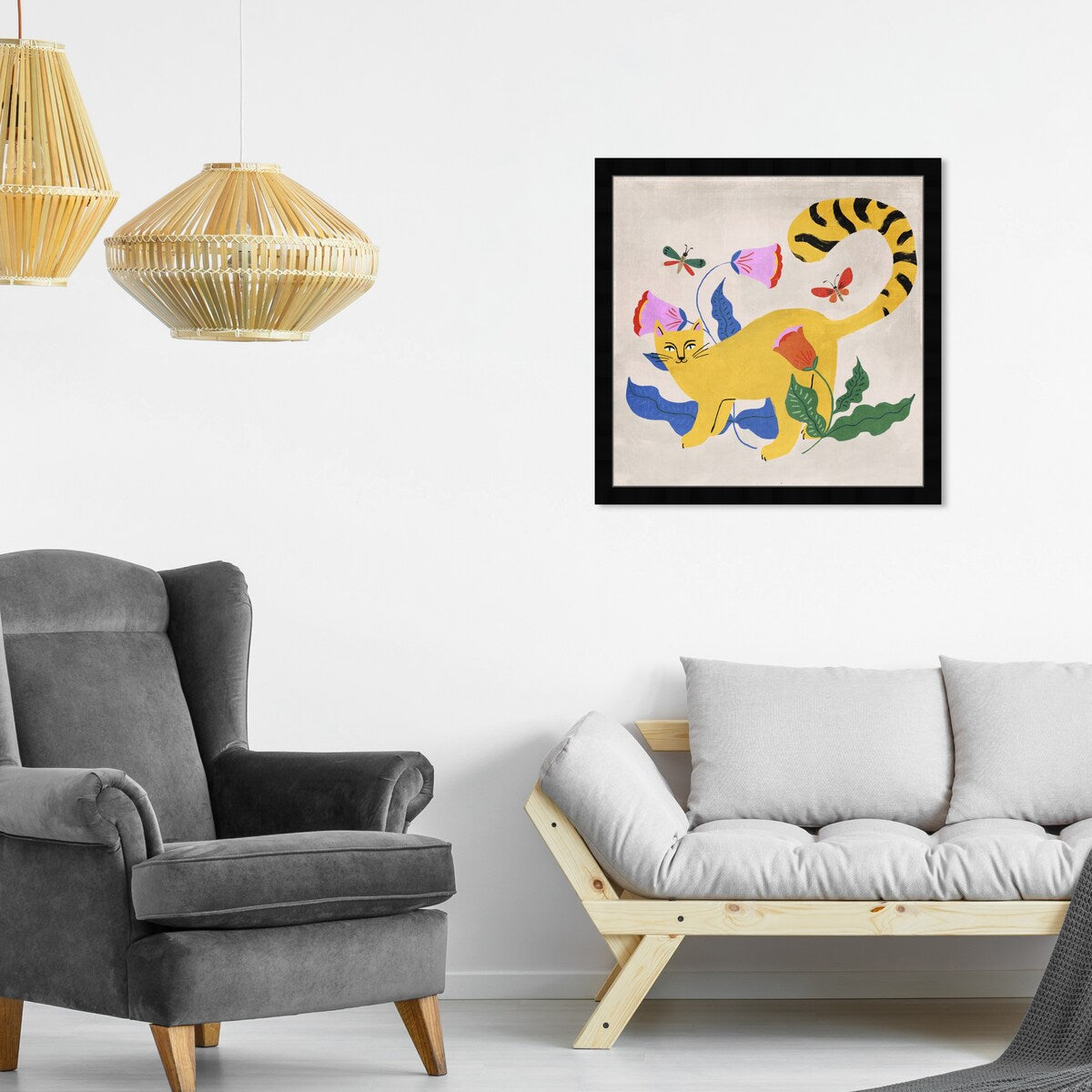 Blonde Tabby Floral Kitten Butterfly Garden Modern Yellow Framed Wall Art Print - Home Decor for Bedroom, Living Room & Nursery | Perfect Gift for Cat Lovers
