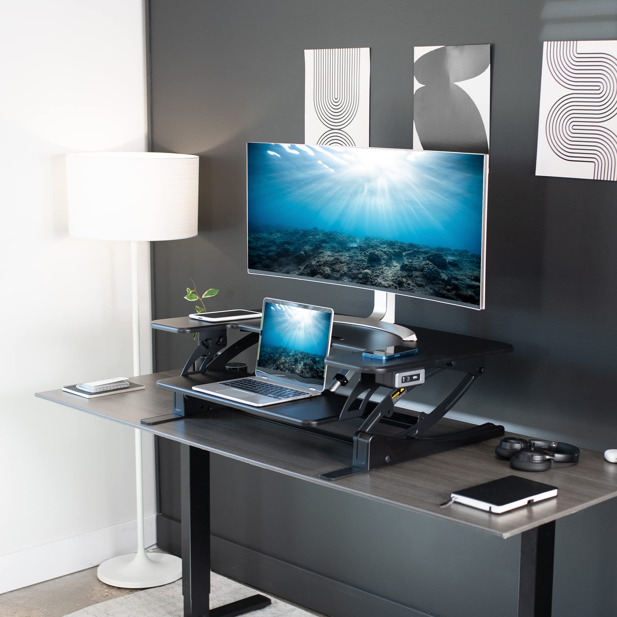 VIVO 36 Inch Electric Height Adjustable Standing Desk Converter | VE Series Sit Stand Workstation with Dual Monitor Riser & USB Port | Black DESK-V000VE | Perfect for Home Office, Gaming & Workspace Ergonomics