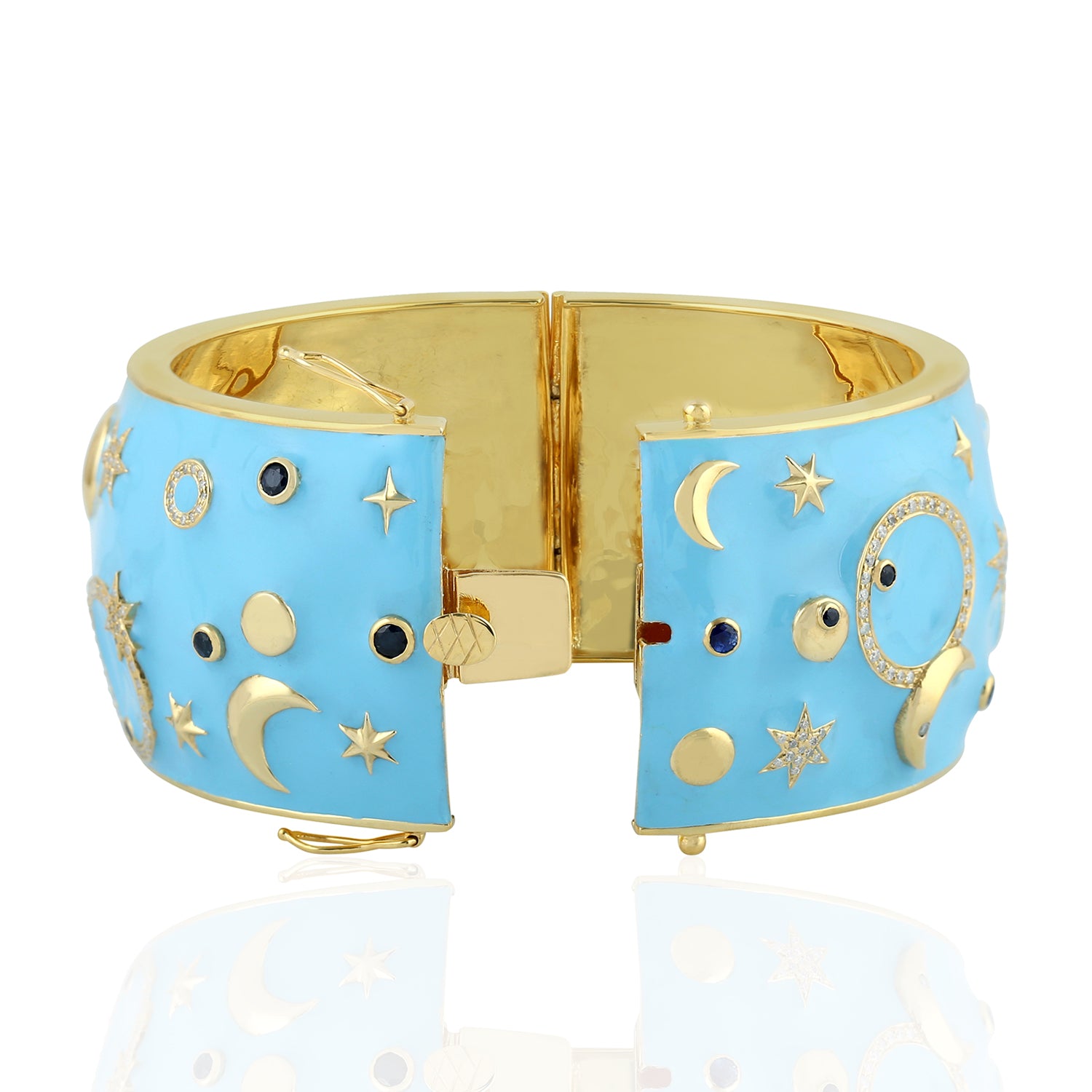 Blue Sapphire Pave Diamond Moon Star Enamel Wide Wedding Bangle in Gold & Silver - Elegant Bridal Jewelry for Weddings, Anniversaries & Special Occasions