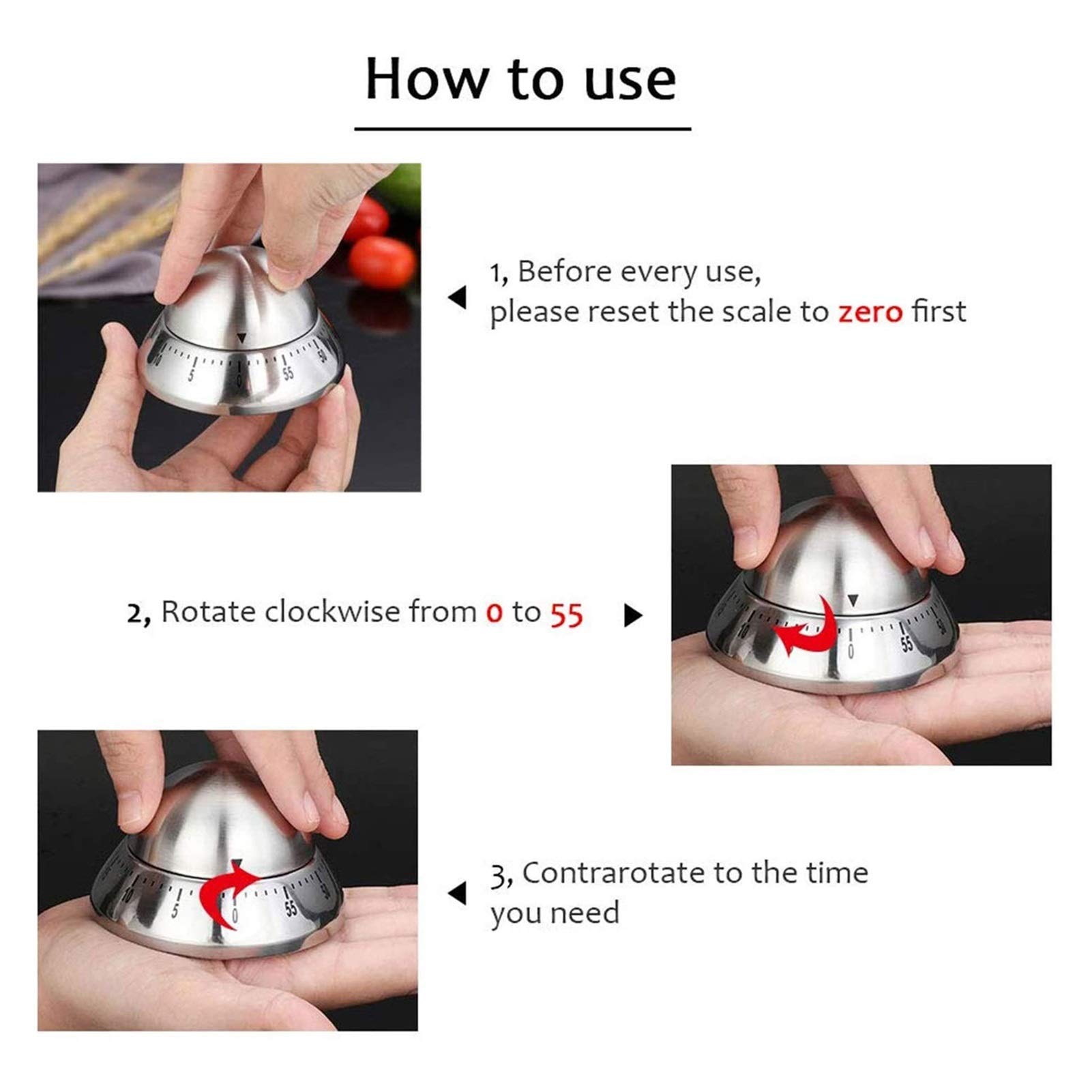 Kitchen Timer with Loud Alarm - No Batteries Required, Magnetic Backing & Stainless Steel Body - Countdown Timer for Cooking, Baking, and Meal Prep - Perfect for Chefs and Home Cooks
