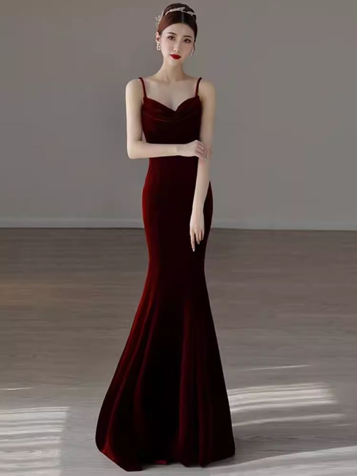 Elegant Mermaid Velvet Red Party Dress - Long Backless Prom Gown J4894 for Evening Events, Homecoming & Formal Occasions