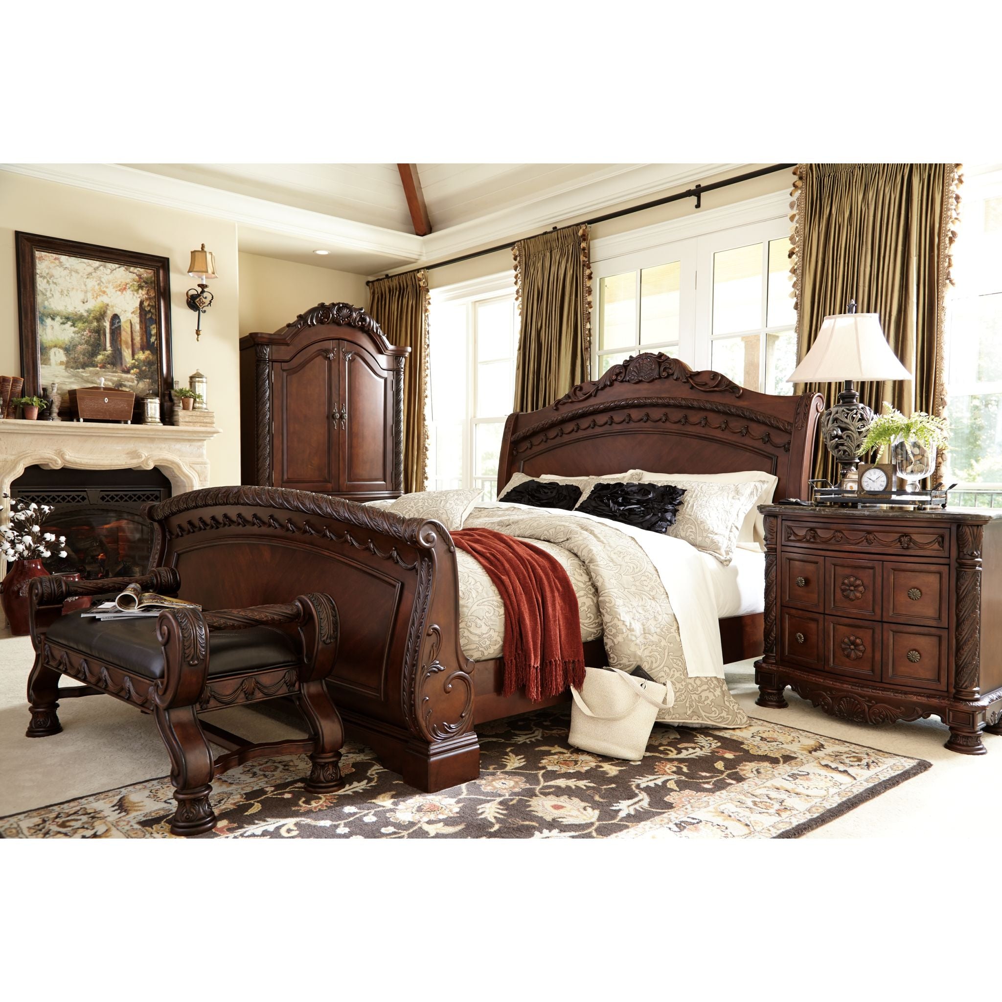 Ashley North Shore 3-Piece Sleigh Bed Set - Queen Size Wooden Bed Frame with Headboard & Footboard - Classic Elegant Bedroom Furniture for Master Suite or Guest Room