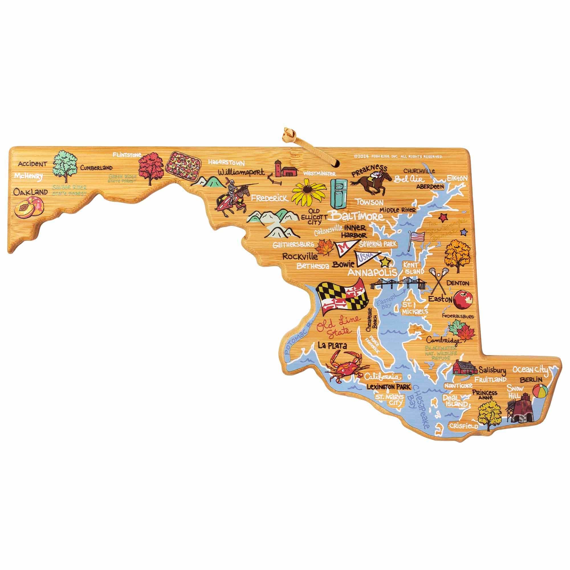 Premium Maryland-Themed Wooden Cutting Board with Fish Kiss™ Artwork - Perfect for Kitchen Prep, Charcuterie Boards & Home Decor Gifts