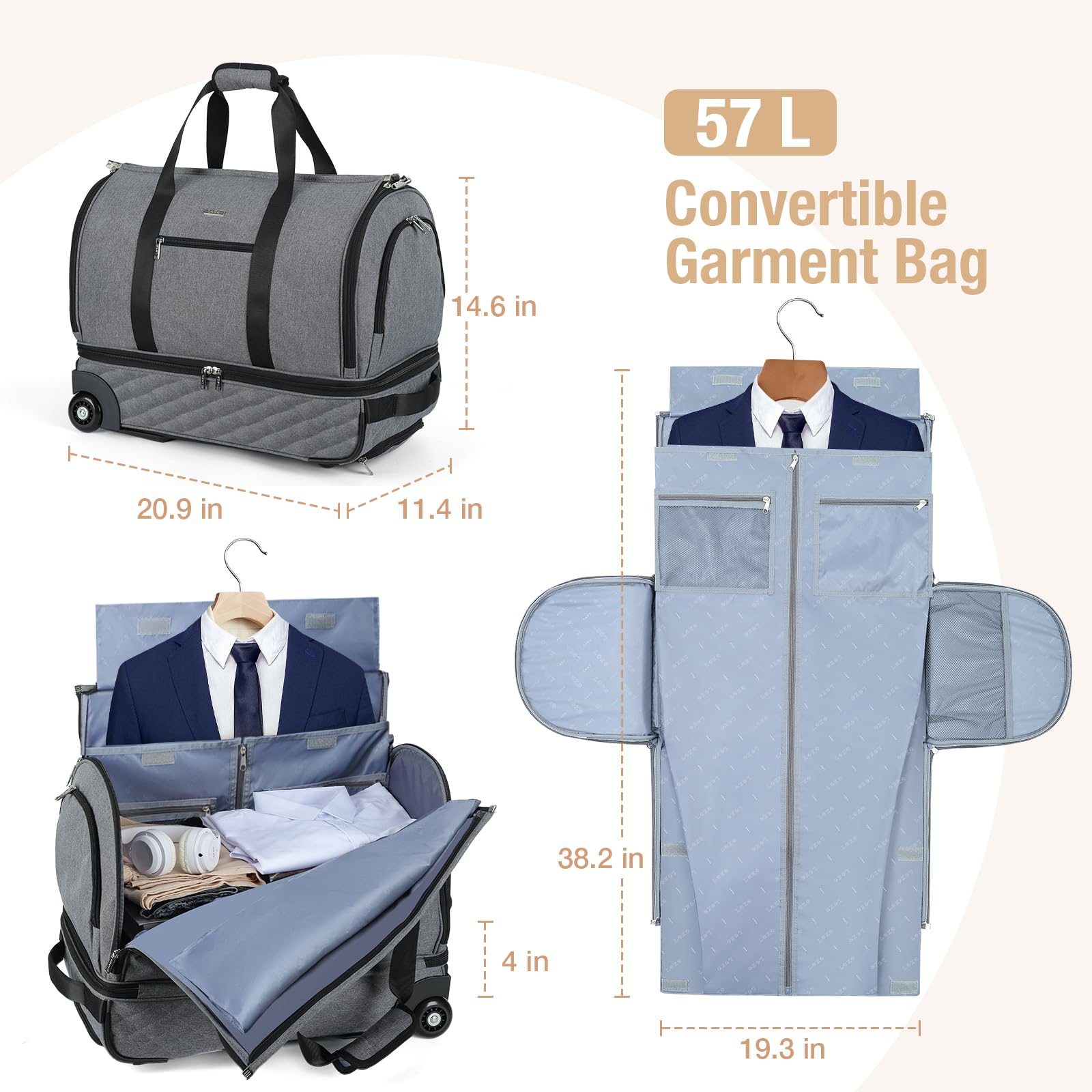 Convertible Rolling Garment Bag with Wheels & Shoes Compartment - Carry On Suit Luggage & Trolley Duffel for Business Travel, Wedding, Weekend Getaways (Grey) | Perfect for Airplane Trips, Business Meetings & Formal Events