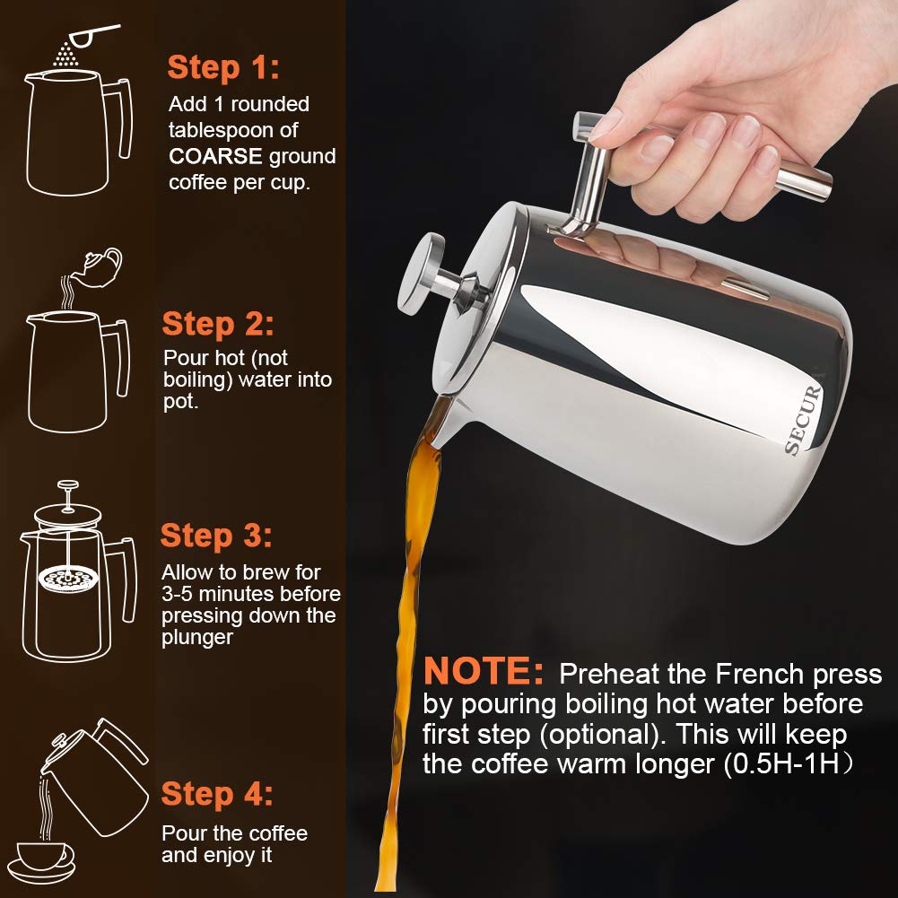 Secura 17-Ounce Stainless Steel French Press Coffee Maker - 304 Insulated Coffee Press with Extra Fine Mesh Filter Screen for Rich, Bold Brew - Perfect for Home, Office, Camping & Gifts