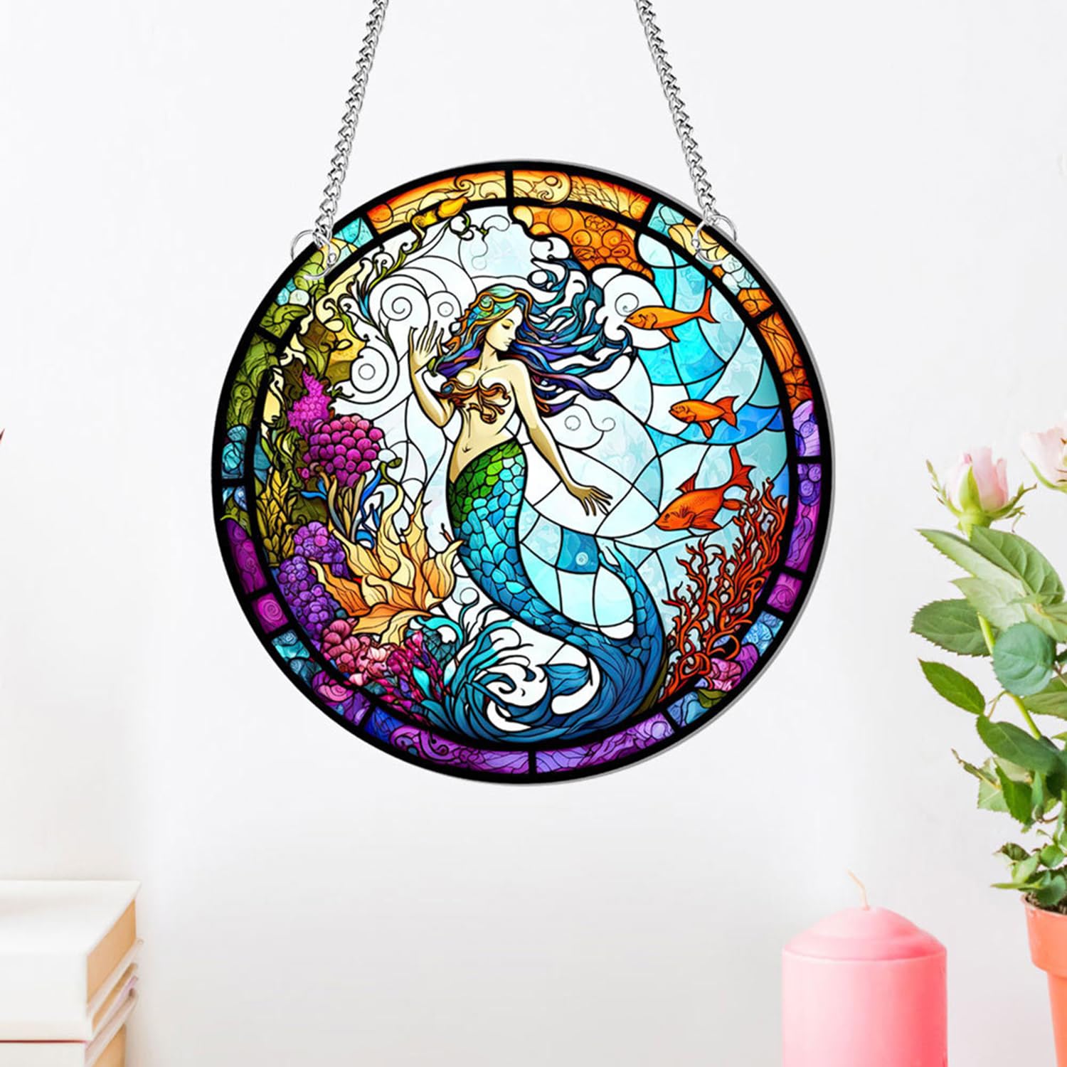 MATIHAY Mermaid Stained Glass Acrylic Window Hanging - Ocean Themed Wall Art Decor for Home, Bedroom, Living Room - Perfect Housewarming Gift for Beach Lovers (Use in Windows, Sunrooms, or as Unique Coastal Home Decor)