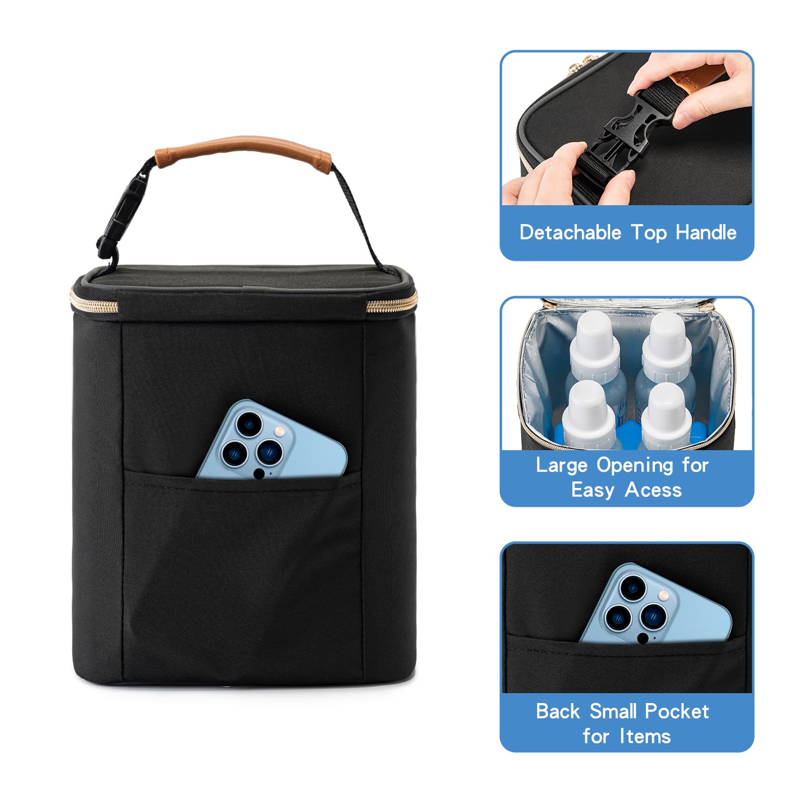 Insulated Breastmilk Cooler Bag with Ice Pack - Holds 4 Baby Bottles (Up to 9oz) - Perfect for Nursing Moms, Daycare & Travel - Portable Milk Storage Solution for Work, Park & On-the-Go - Black