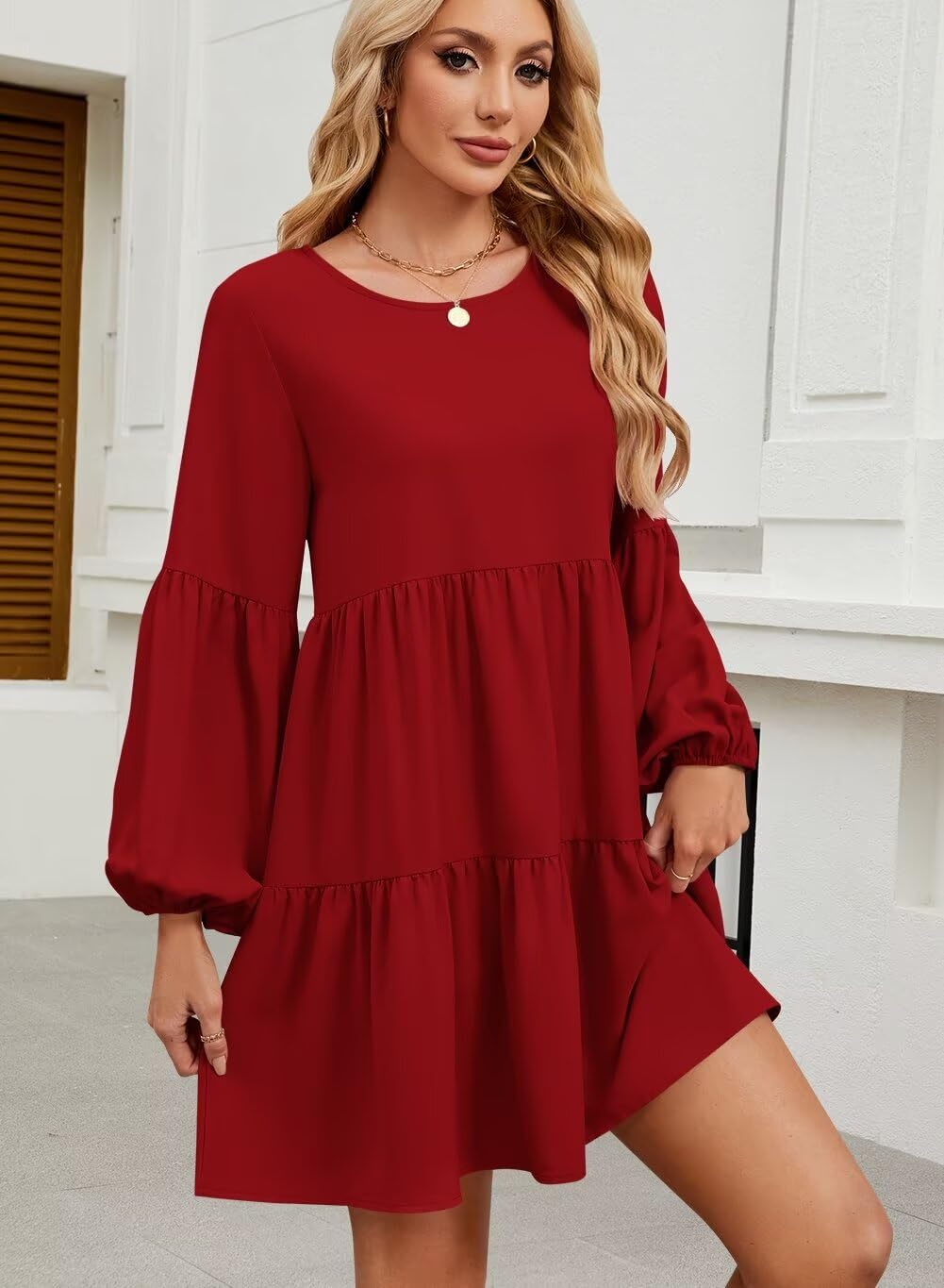 QACOHU Women's Summer Babydoll Dress 2025 - Spring Crew Neck Long Sleeve Flowy Swing Tunic Mini Dress for Casual Wear, Date Night & Vacation Outfits