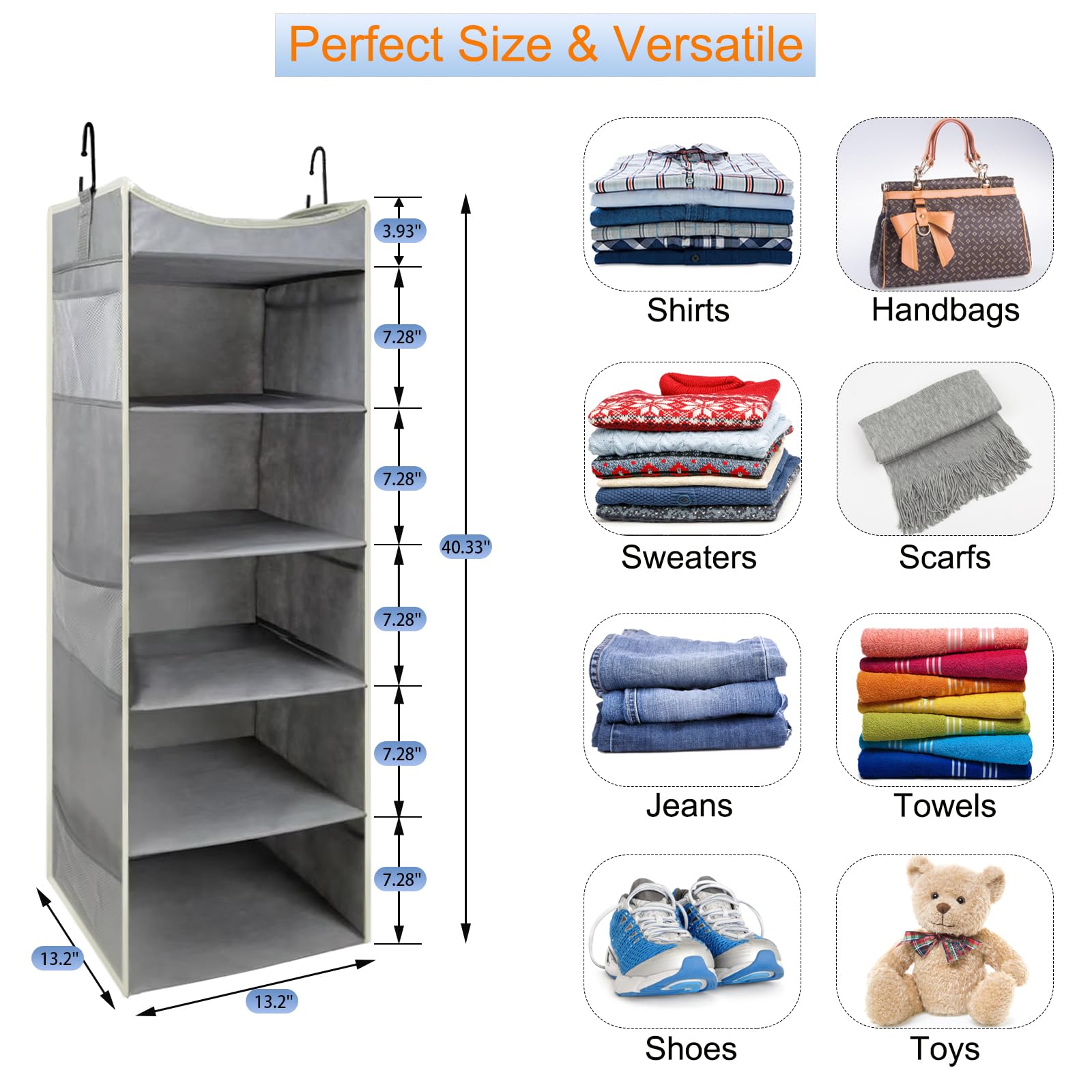 6-Tier Foldable Hanging Closet Organizer with 6 Side Pockets - Space Saving Storage for Clothes, Shoes, Hats & Toys (Grey) - Perfect for Bedroom, Closet & Dorm Organization