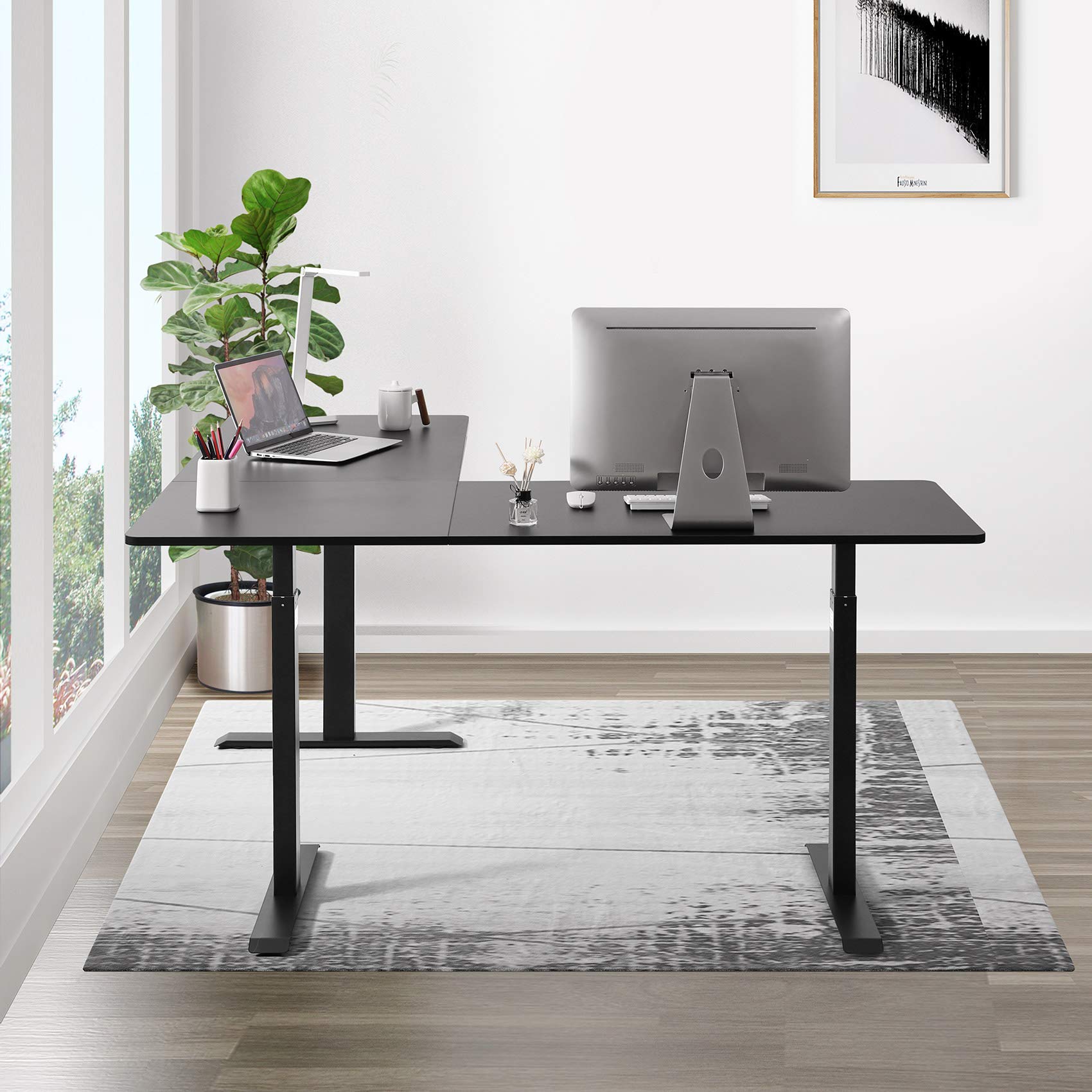 UNICOO L-Shaped Crank Adjustable Height Standing Desk - Black Frame & Top, Sit Stand Corner Workstation for Home & Office | Perfect for Small Spaces & Ergonomic Work Setup