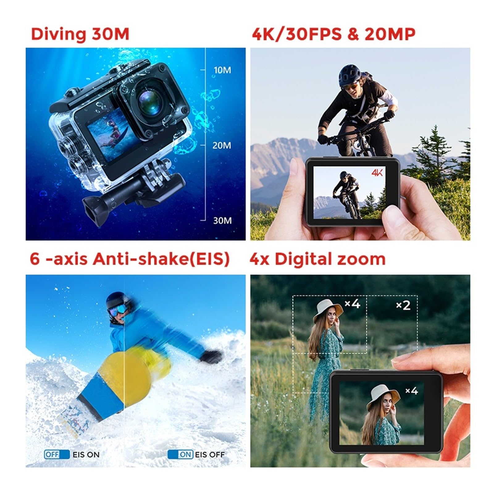 MZZYG 4K Action Camera with Touch Screen & Remote Control - Waterproof Sports Camera for Vlogging, Diving, Cycling & Outdoor Adventures (Bundle Includes Remote)