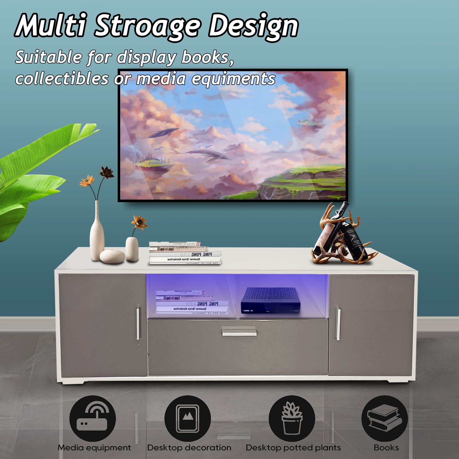 Modern LED TV Stand with Storage - 65 Inch High Gloss Entertainment Center, Quick Assembly in 20 Minutes - Perfect for Living Room, Bedroom or Lounge (Grey) | Stylish Media Console for Home Theater Setup & Family Entertainment