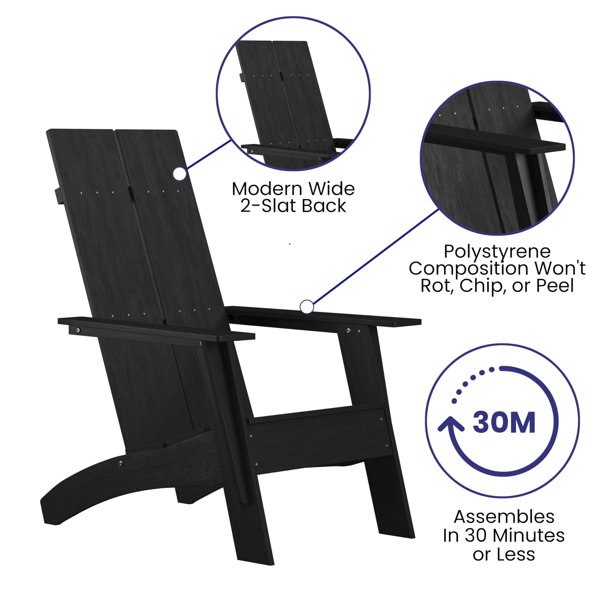 EMMA + OLIVER Set of 2 Black Modern Dual Slat Back Adirondack Chairs for Patio, Garden, Poolside & Indoor Use - Weather-Resistant Outdoor Furniture