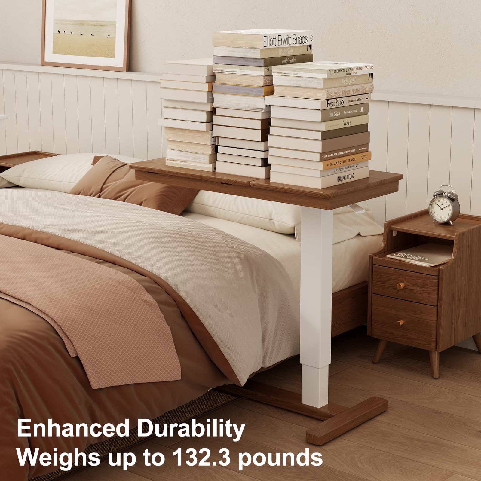 Adjustable Solid Wood Overbed Table with Wheels - Tilt Top Hospital Bedside Table, Rolling Bed Desk for Home & Medical Use (Walnut) - Perfect for Eating, Working & Reading in Bed or Recovery
