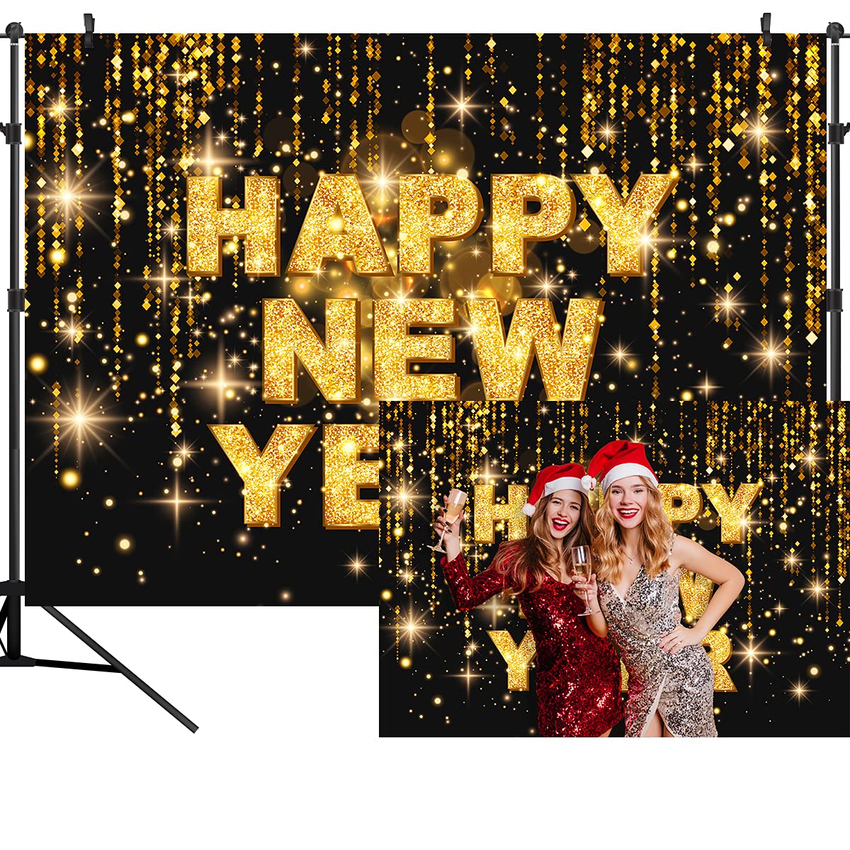 Black and Gold Happy New Year Backdrop - 7x5FT Photography Background for New Year's Eve Party, Birthday, Christmas Decorations - Photo Booth Props & Family Banner (PCK149) | Perfect for Home Celebrations, Office Parties & Social Media Photos