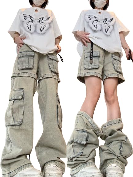 Vintage High Waisted Cargo Jeans for Women - Multi Pocket Detachable Button Goth Wide Leg Denim Pants | Streetwear, Casual Outfits & Retro Fashion