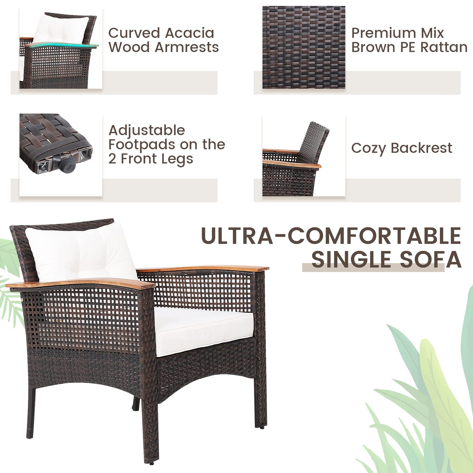 Tangkula 3-Piece Outdoor Rattan Sofa Set with Acacia Wood Table - PE Wicker Patio Furniture Conversation Set Includes Coffee Table, Seat Cushions & Armrests (Off White) - Perfect for Garden, Backyard, Poolside & Patio Relaxation