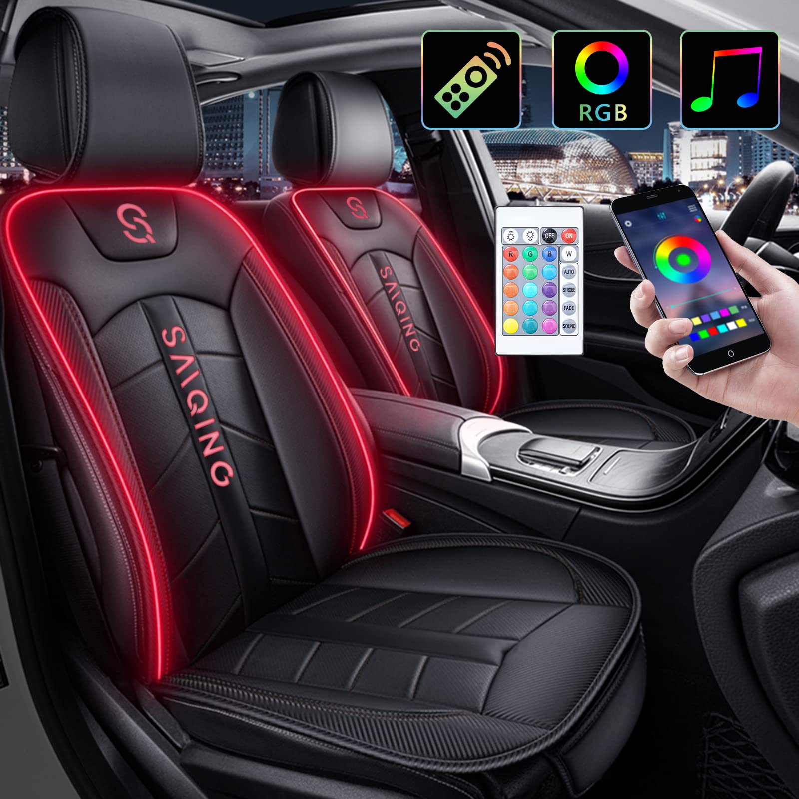 Universal Luxury Leather Car Seat Covers with RGB LED Lights - Front Seats Cushion & Backrest Protector - Sound-Activated Music Sync & Remote Control (Red) - Perfect for Night Driving, Car Shows & Custom Interior Lighting