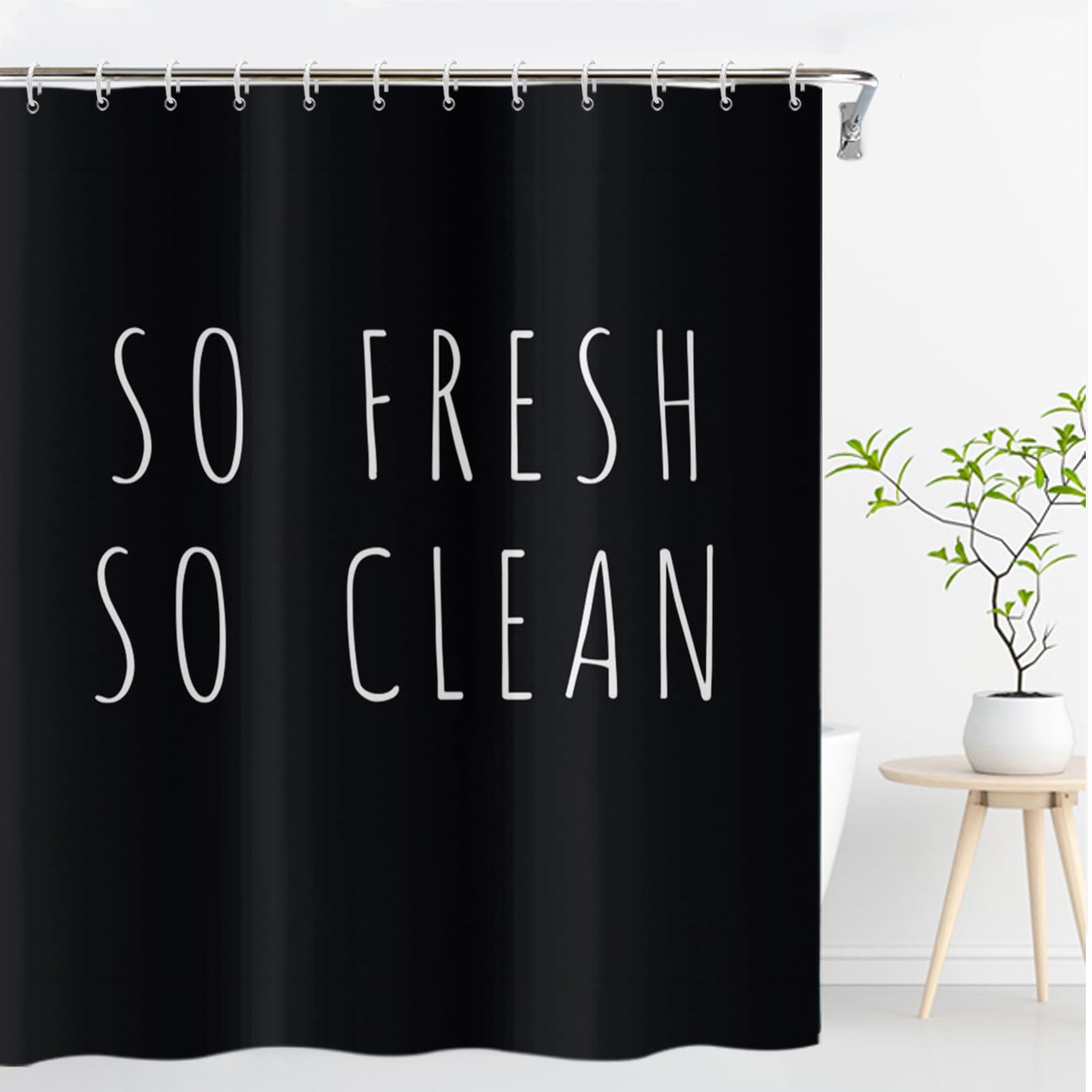 Yeele Black Waterproof Polyester Shower Curtain - Funny 'SO Fresh SO Clean' Letter Design - Modern Unique Bathroom Decor with Hooks (69x70 inches) - Perfect for Bathroom, Dorm, or Apartment Shower