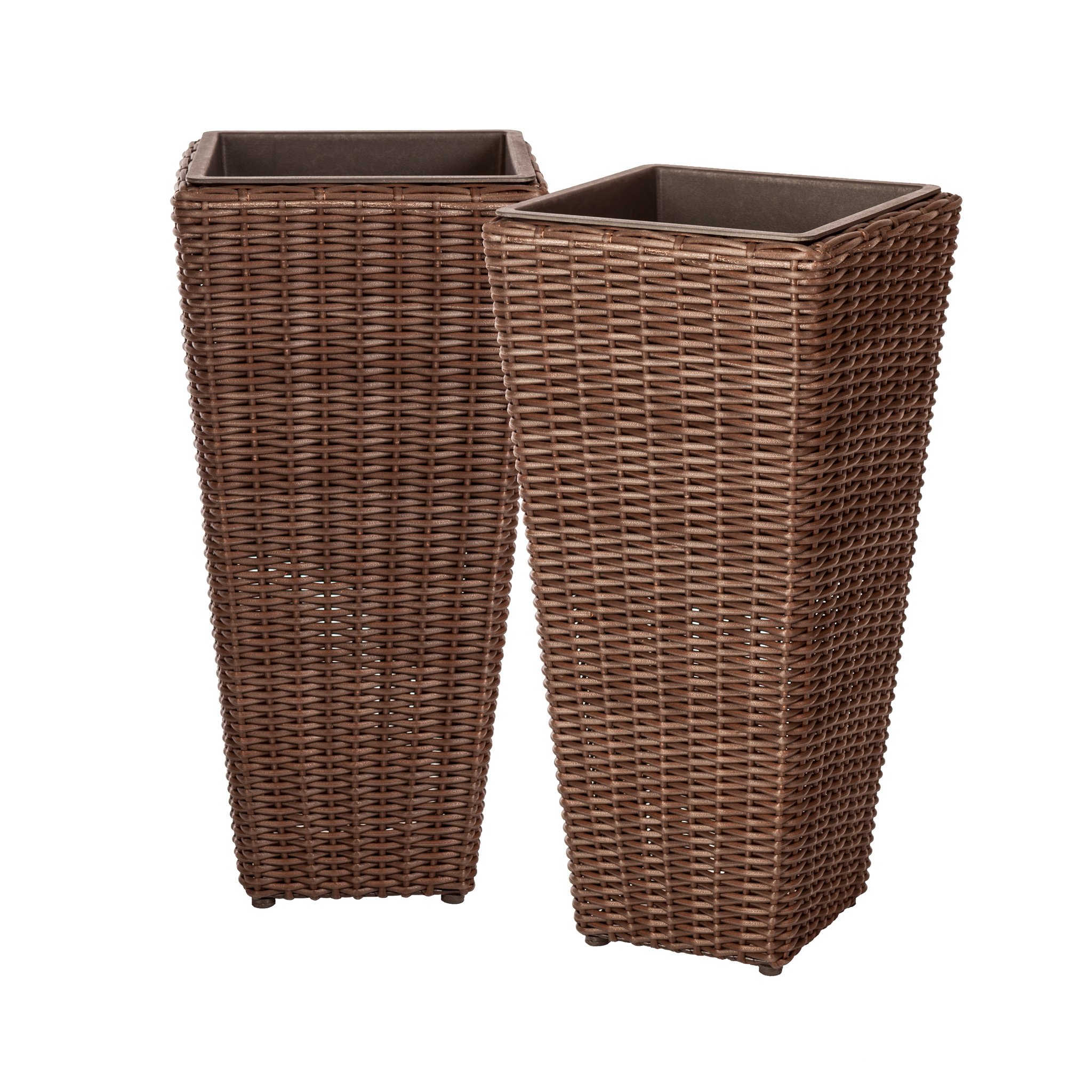 Patio Sense 62501 Alto Wicker All-Weather Planter Set with Liners - 2 Pack Tall Outdoor Plant Decor Box for Patio, Garden, Balcony & Herb Planting - Mocha Brown - Perfect for Home, Yard & Commercial Landscaping